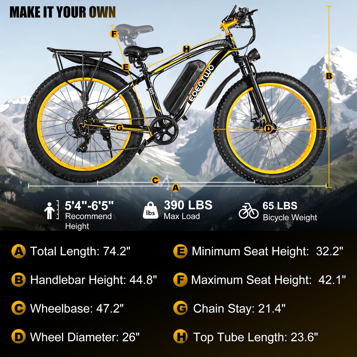 EOEOTWO 26" Fat tire Electric Bike for Adults, 1500W Peak Motor, 60 Miles Range Mountain Ebike, 34 MPH Speed,48V 15Ah Removable Battery, Off Road Mountain Commuting for Men, 7 Speed Yellow