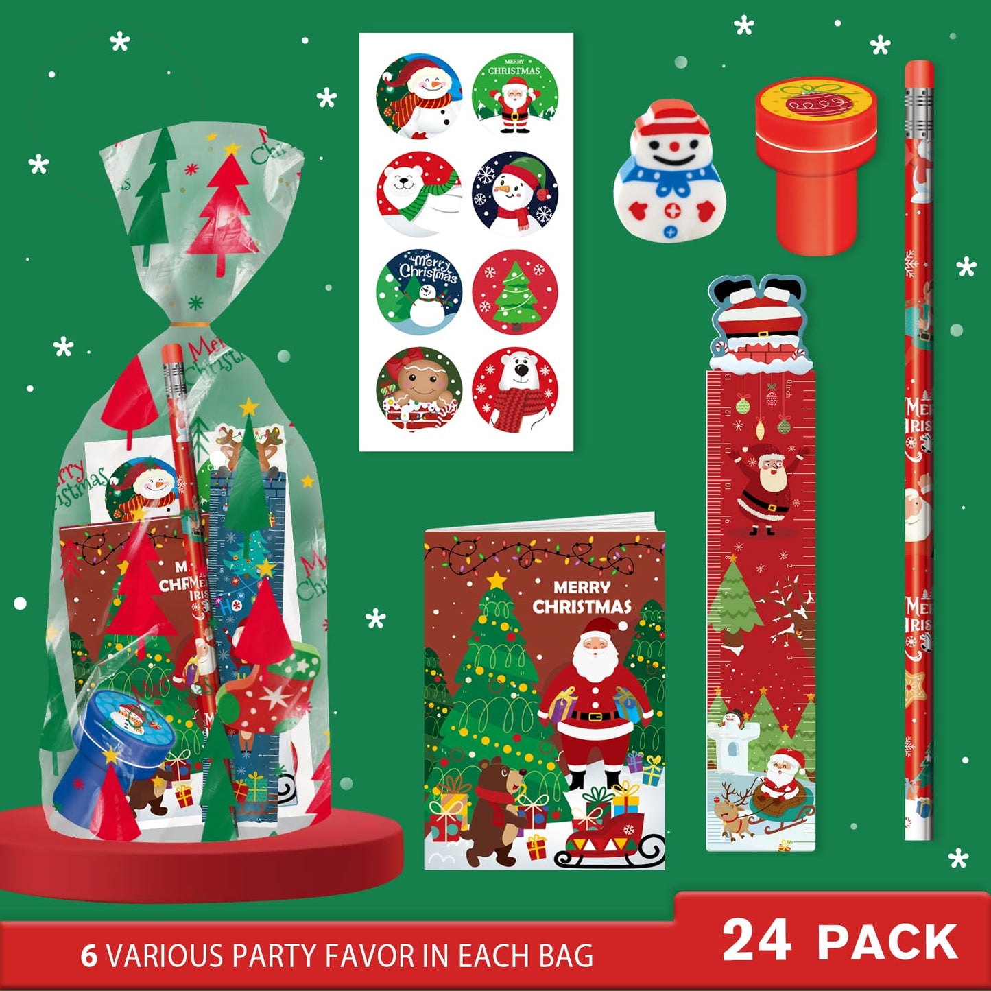 BEARUN 168 Pcs Christmas Party Favors Bulk for Kids-24-Pack Christmas Stationery Set for Stocking Stuffers, Christmas-Themed Classroom Gift Exchange School Games Prizes Carnival Events