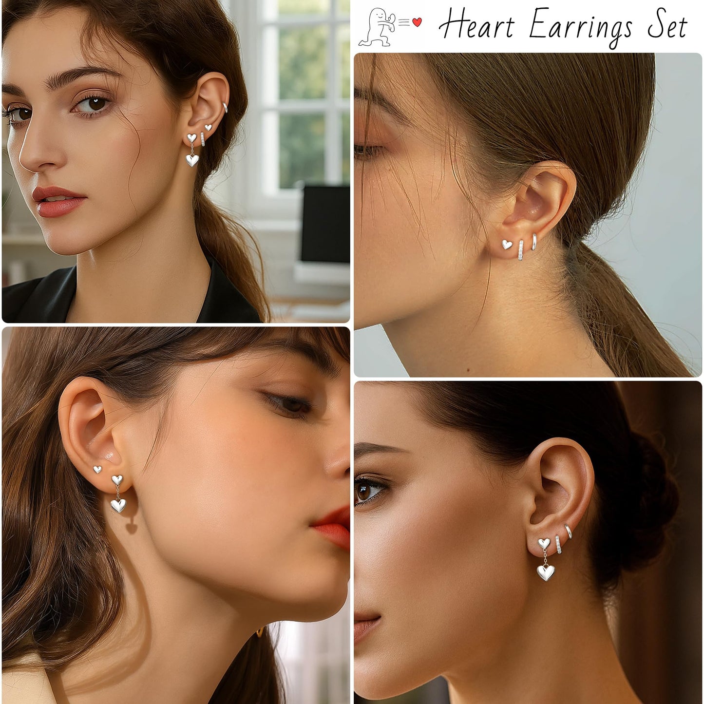 Best Valentine Gifts Heart Earring Sets for Women, S925 Sterling Silver Heart Dangle Stud Hoop Earring Set for Multiple Piercing, Valentines Day Earrings, Valentine Jewelry Gifts for Wife Mom Girlfriend Friend