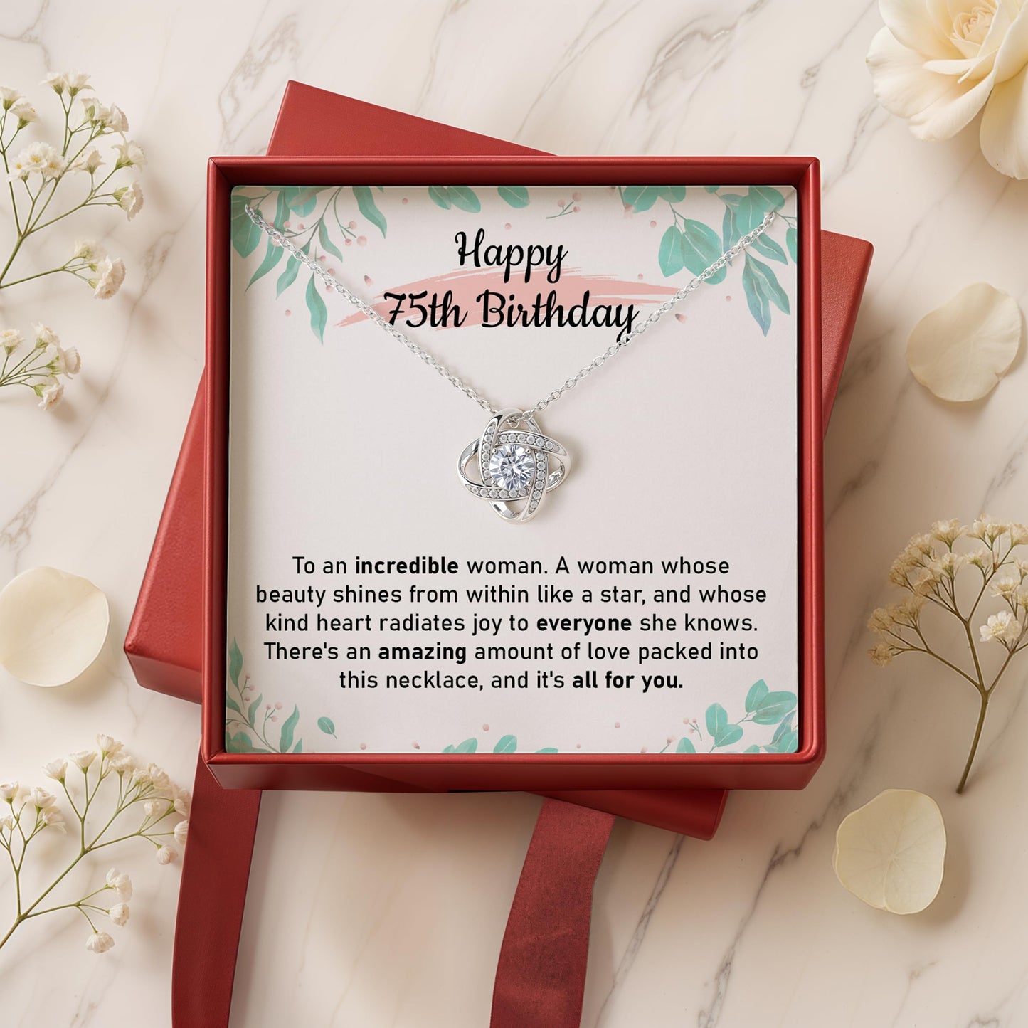 75th Birthday Gifts for Women, Elegant Love Knot Necklace with Message Card, Jewelry Gift for Grandma, Mom, or Wife, Milestone Birthday Keepsake