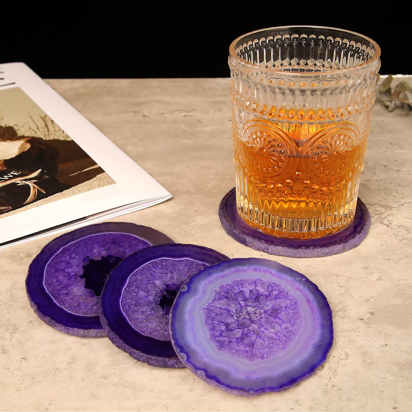 FOLKOR LIFE Purple Agate Coasters Set of 4, Natural Stone Drink Coasters with Unique Patterns, Decorative Table Coasters for Coffee Table, Bar or Desk, Housewarming Gift for Women, Friends or New Home
