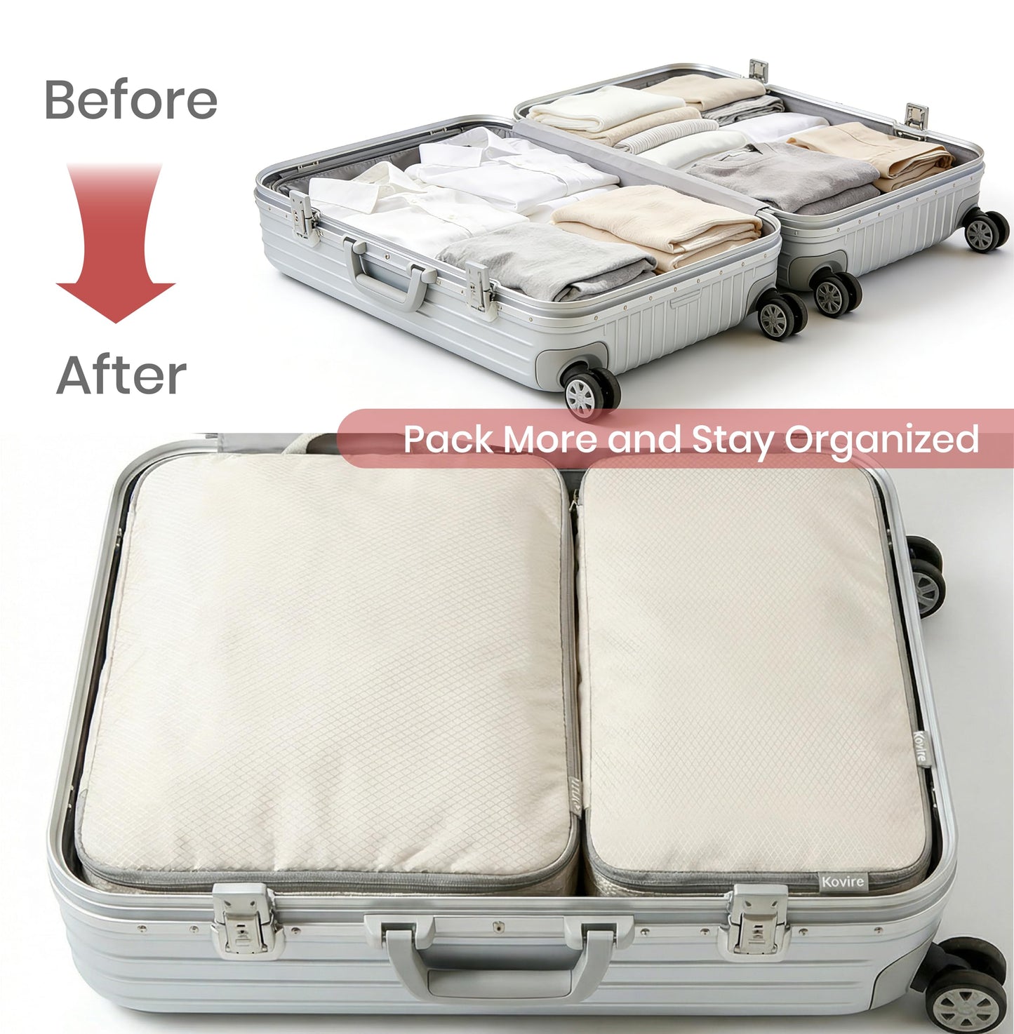 Kovire Compression Packing Cubes for Travel, Set of 4 Expandable Luggage Organizers with Shoe Bag, Lightweight Water-Resistant Suitcase Essentials for Carry-on & Checked Luggage, Cream