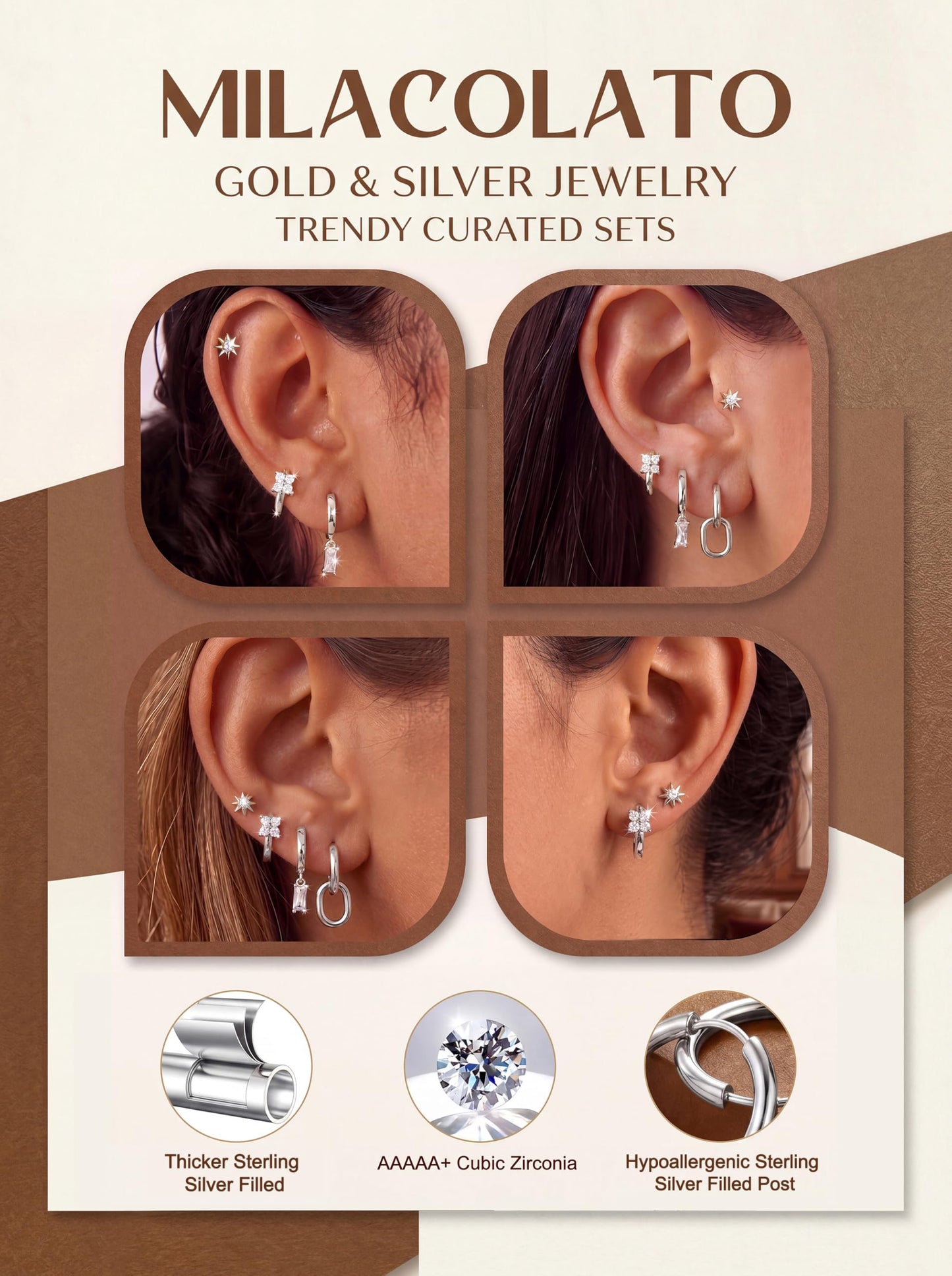MILACOLATO 4 Pairs Silver Earrings for Women, Hypoallergenic Sterling Silver Filled Small Stud Hoop Earrings Set for Multiple Piercing, Dainty Lightweight Cartilage Huggie Earrings Stacks Trendy Jewelry Gifts, B