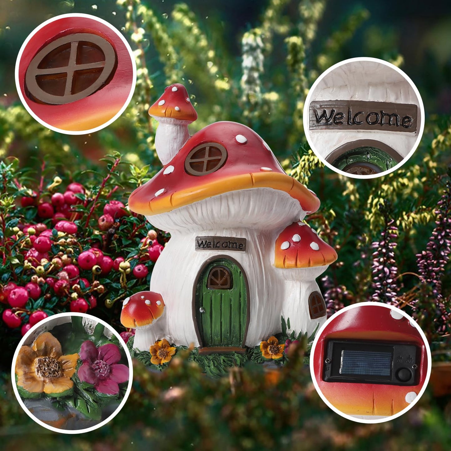 FHWTY Mushroom House Garden Statue Outdoor, Solar Light Mushroom House Garden Figurines for Lawn, Balcony, Yard Decoration, Outdoor Garden Decoration