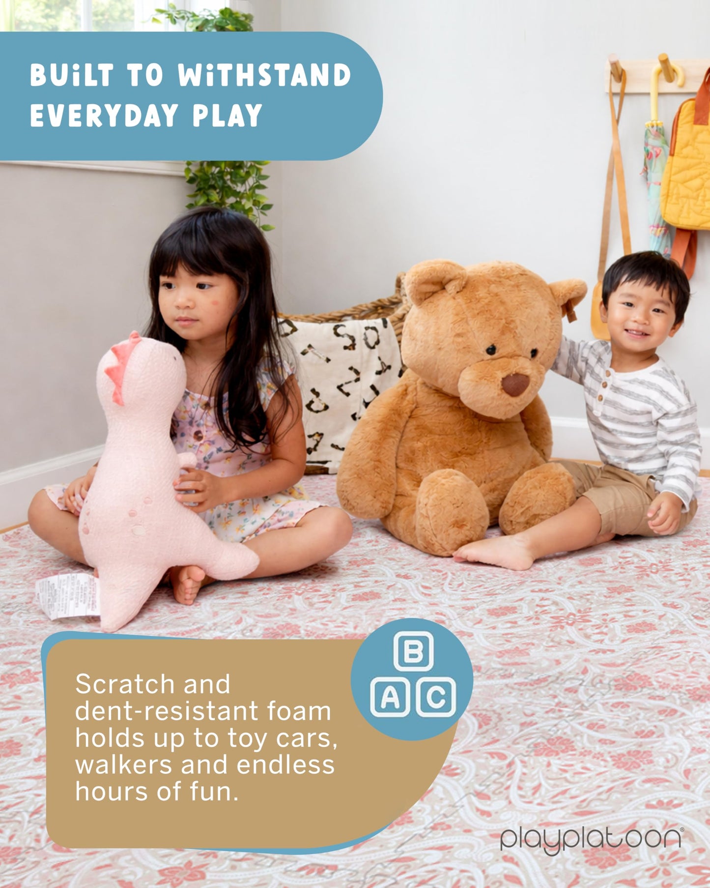 Play Platoon Non-Toxic Large Baby Play Mat for Floor, 16 Tile 96 x 96 inch - Extra-Thick Interlocking Foam Floor Tiles 24 x 24 in Puzzle Mat Pieces with Border, Playmat for Toddlers & Children - Petal