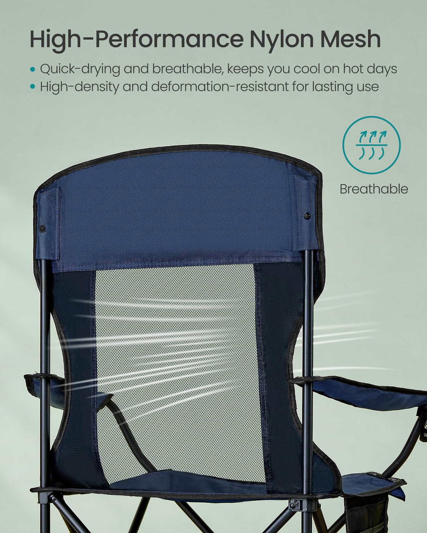 SONGMICS Breathable Camping Chairs, Foldable Outdoor Chairs Set of 2, High Back, Adjustable Armrests, Drink Holder, Weight Capacity 330 lb, for Sports Garden Backyard, Harbor Blue UGCB028Q01