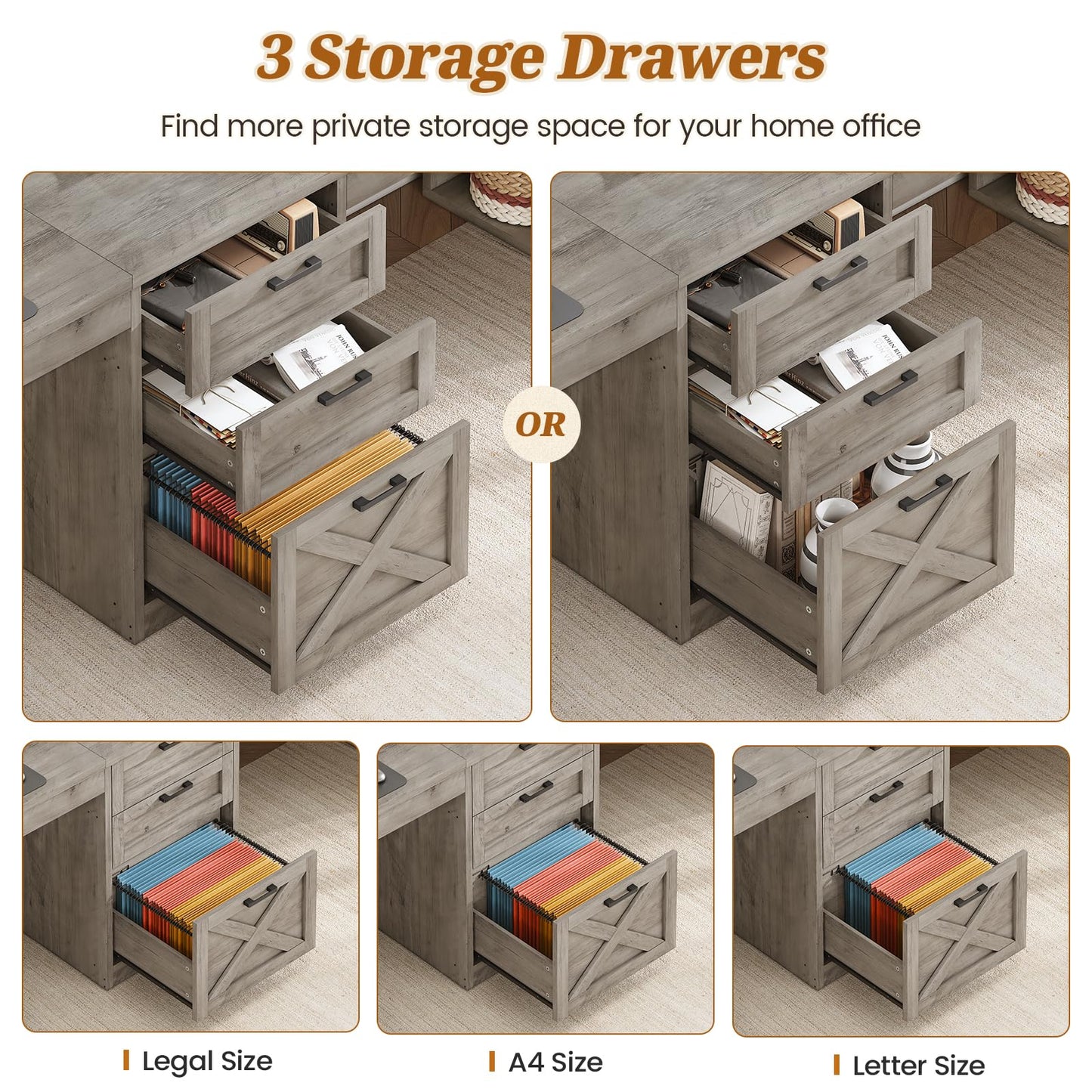 SEDETA Farmhouse 96.5" Computer Desk with Drawers, 2 Person Home Office Desk, Gaming Double Desk with Storage Shelves, Long Two Person Writing Desk (Grey)