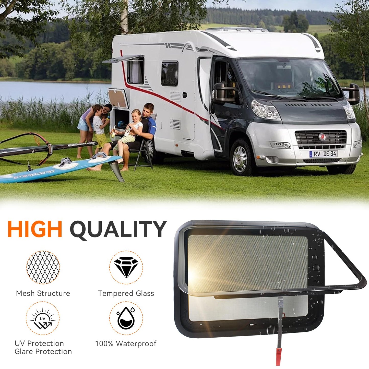 GAMPRO Emergency Exit window 30” W*22” H Tinted RV Window Camper Windows Replacement Vertical Slide RV Pull out window with Net Screen and Trim Ring