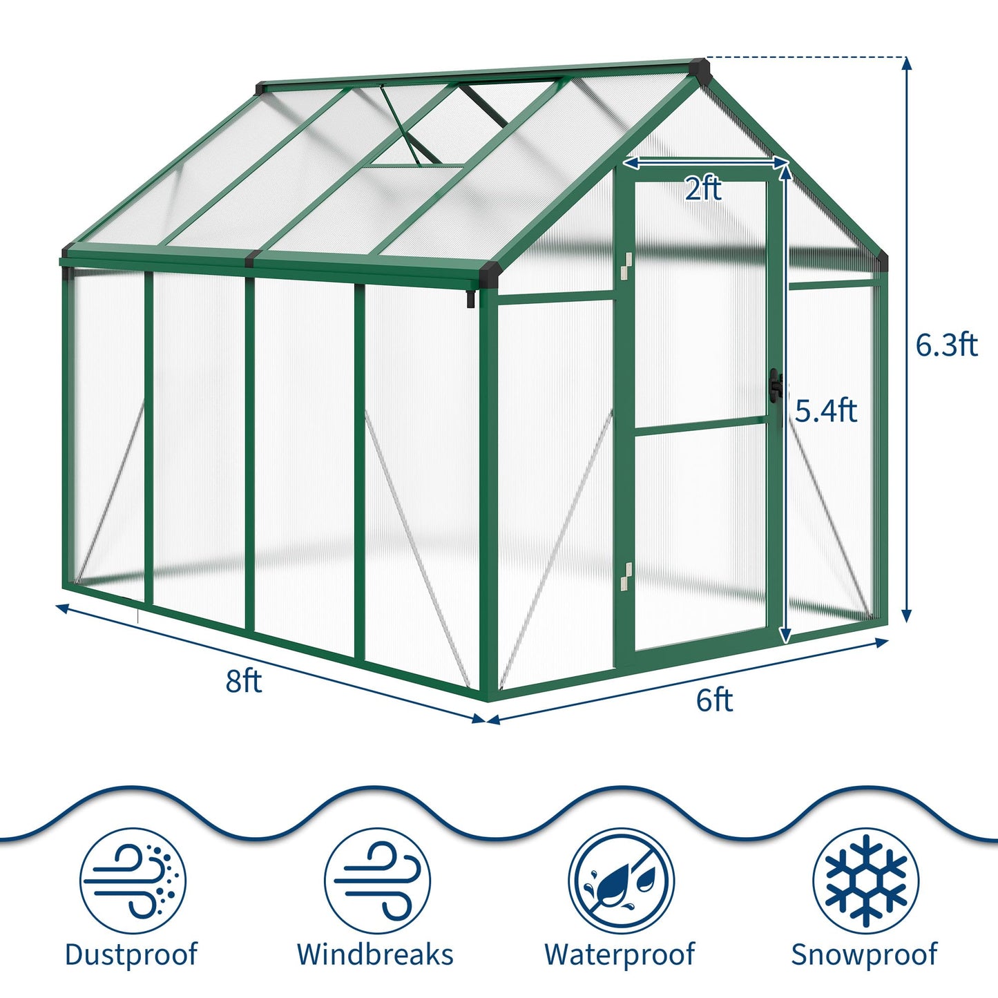 Garvee 6 x 8 ft Greenhouse, Greenhouses for Outside, Polycarbonate Greenhouse with Aluminum Frame, Lockable Door and Ajustable Roof Vent for Backyard, Green Houses for Outside Garden Backyard, Patio