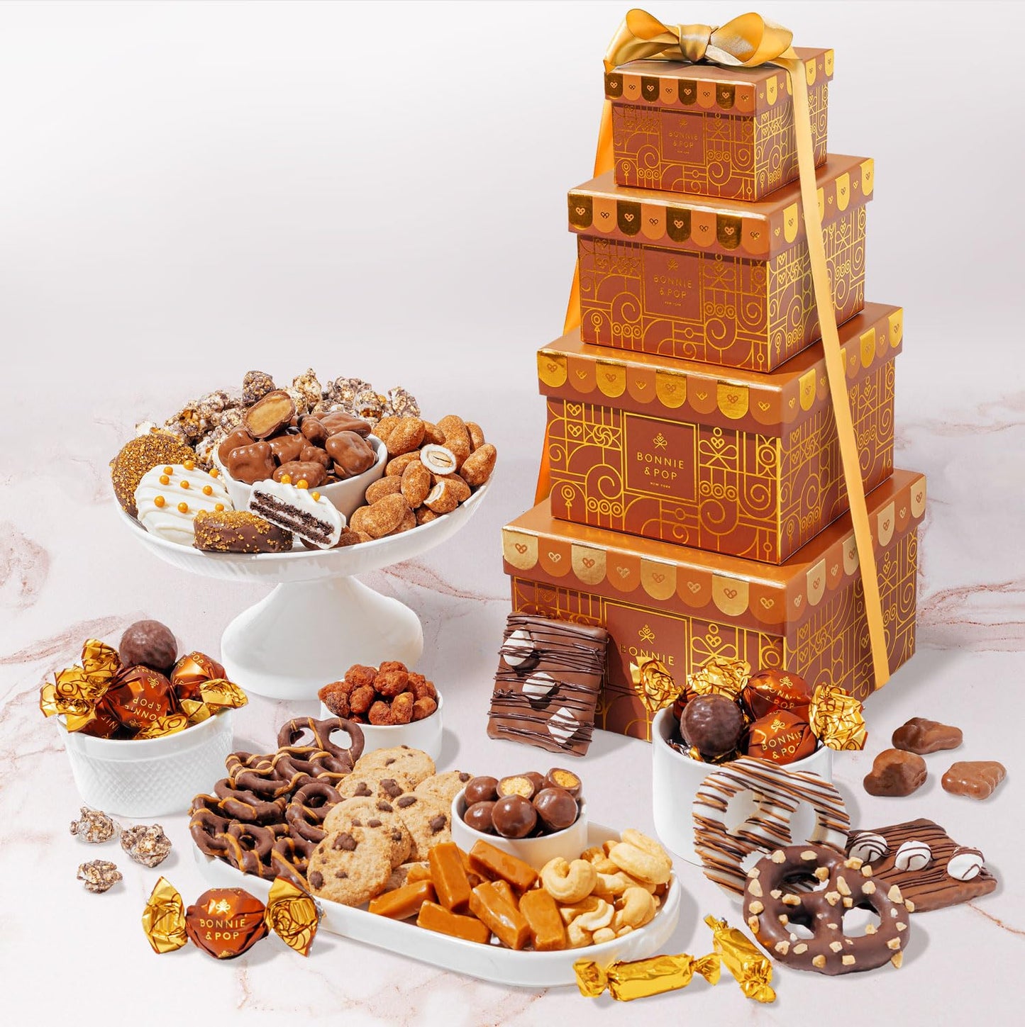 Gift Basket Tower, Chocolate Candy Snack Treat Gift Box Assortment - Men, Women, Corporate, Office, Employee, Appreciation, Thank You, Party- Bonnie and Pop (Chocolate)