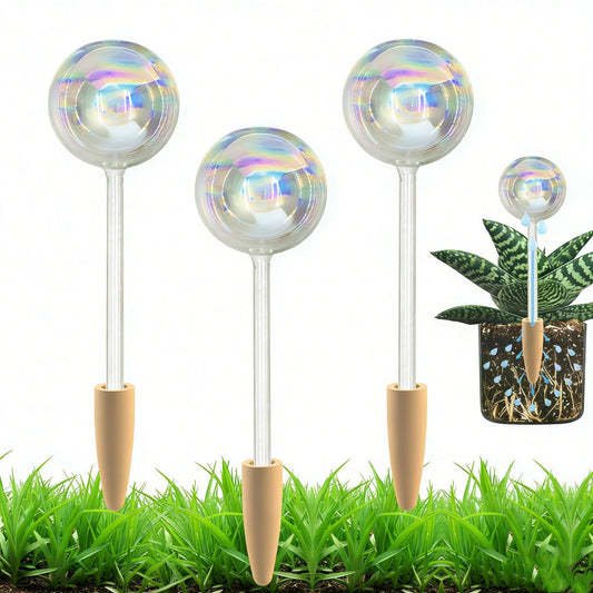 HyJeryty Non-Clogging Iridescent 3 Pack Ball Plant Watering Globes with Terracotta Spikes, Hand Blown Glass Self Watering Planter Insert Plant Watering Devices Bulbs for Indoor and Outdoor Plants