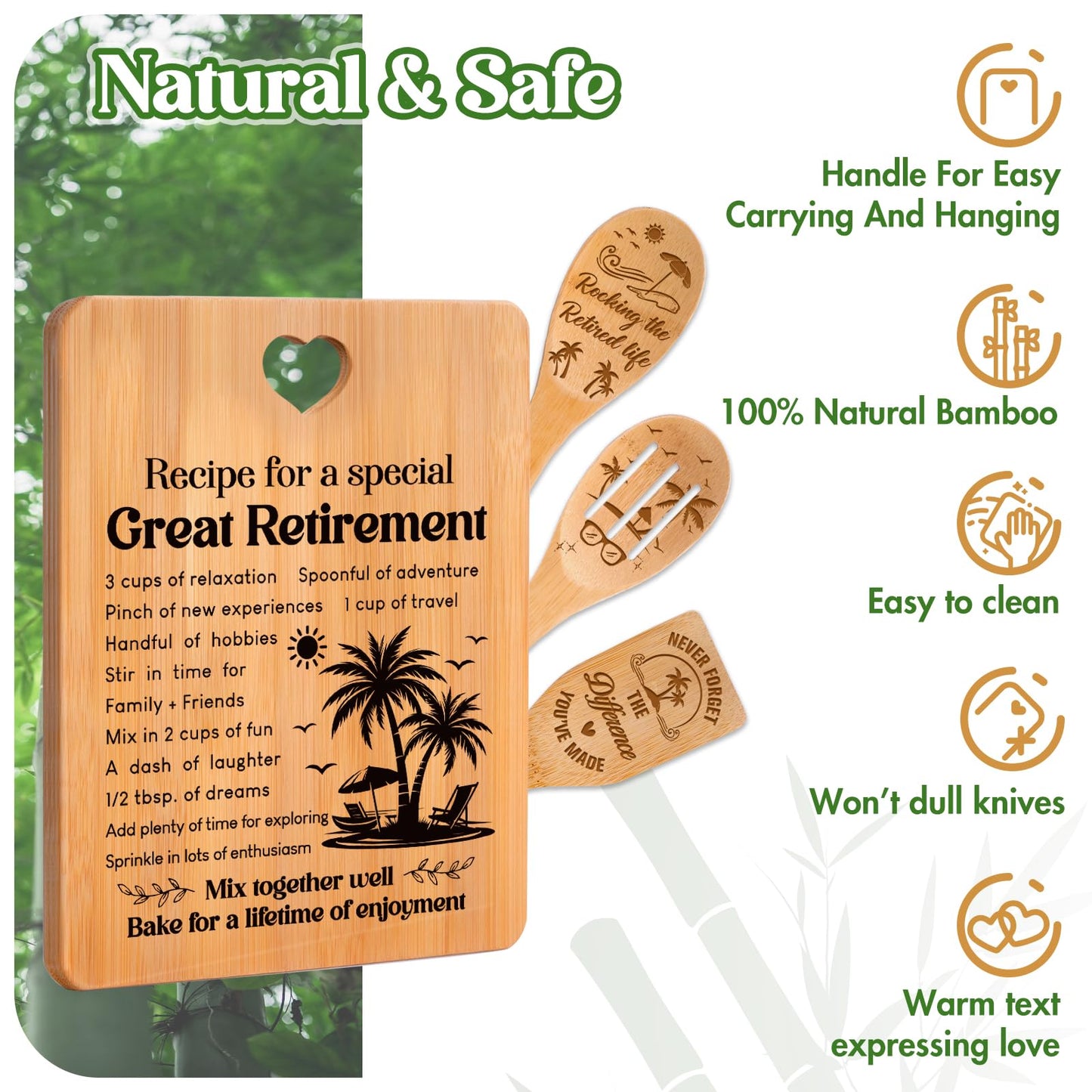 Retirement Gifts for Woman/Men 2026, Happy Retirement Bamboo Cutting Board Set for Colleagues, Coworker, Friend, Teacher, Boss, Parents, Family - Recipe for a Special Great Retirement.