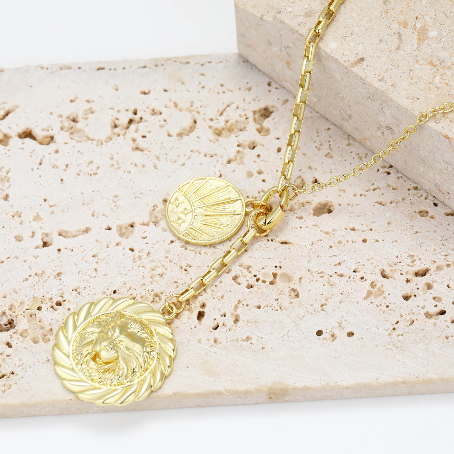 BONJOULRY Chunky Gold Lion Medallion Charm Sun Coin Pendant Necklace for Women 18K Gold Plated Dainty Paperclip Link Chain Choker Necklaces Trendy Celestial Jewelry Holiday Gift