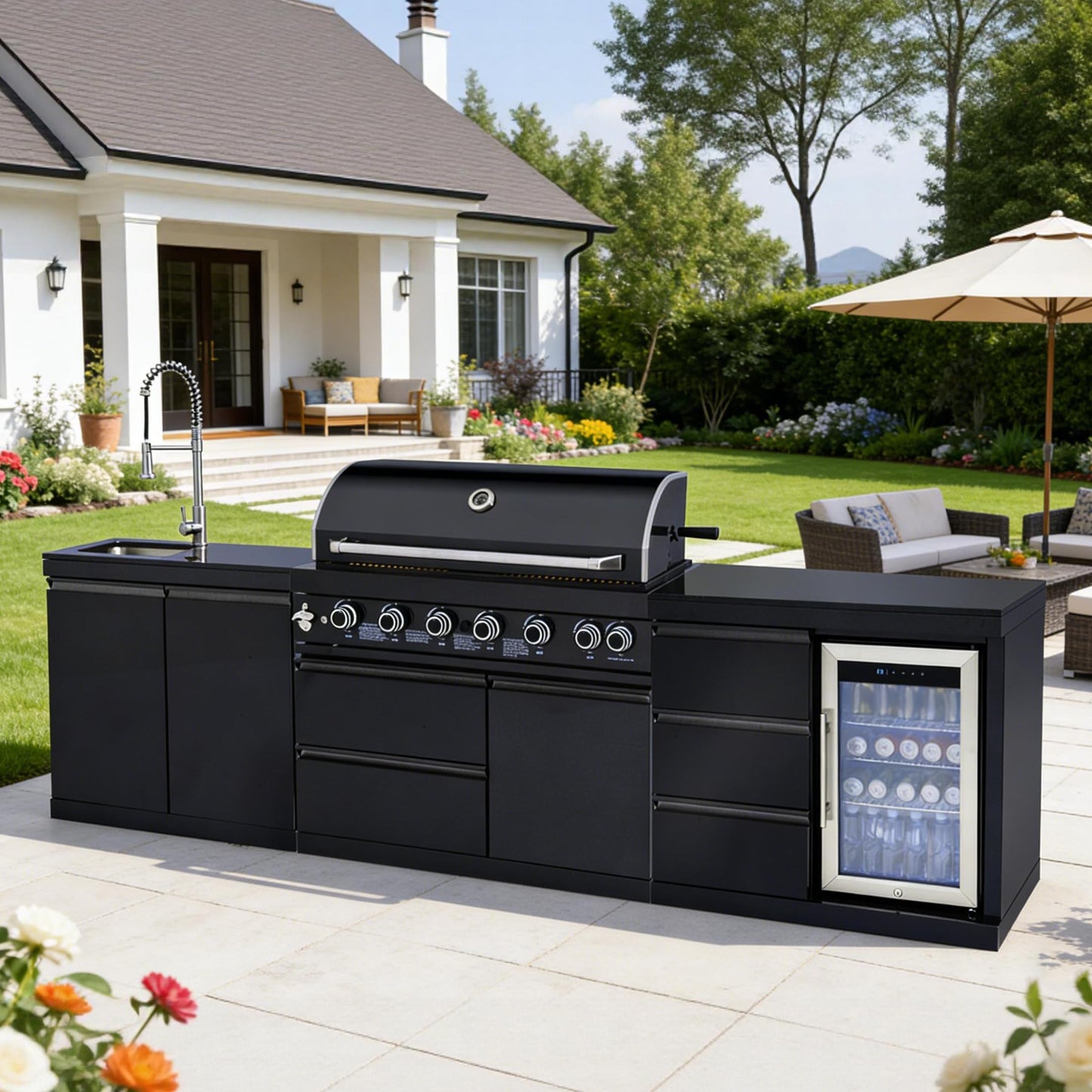 114 Inch Outdoor Kitchen Island, 6 Burner Propane Gas BBQ Grill Station, 83500 BTU 304 Stainless Steel Grill Combo with Sink & Refrigerator, CSA ETL Certified, Black