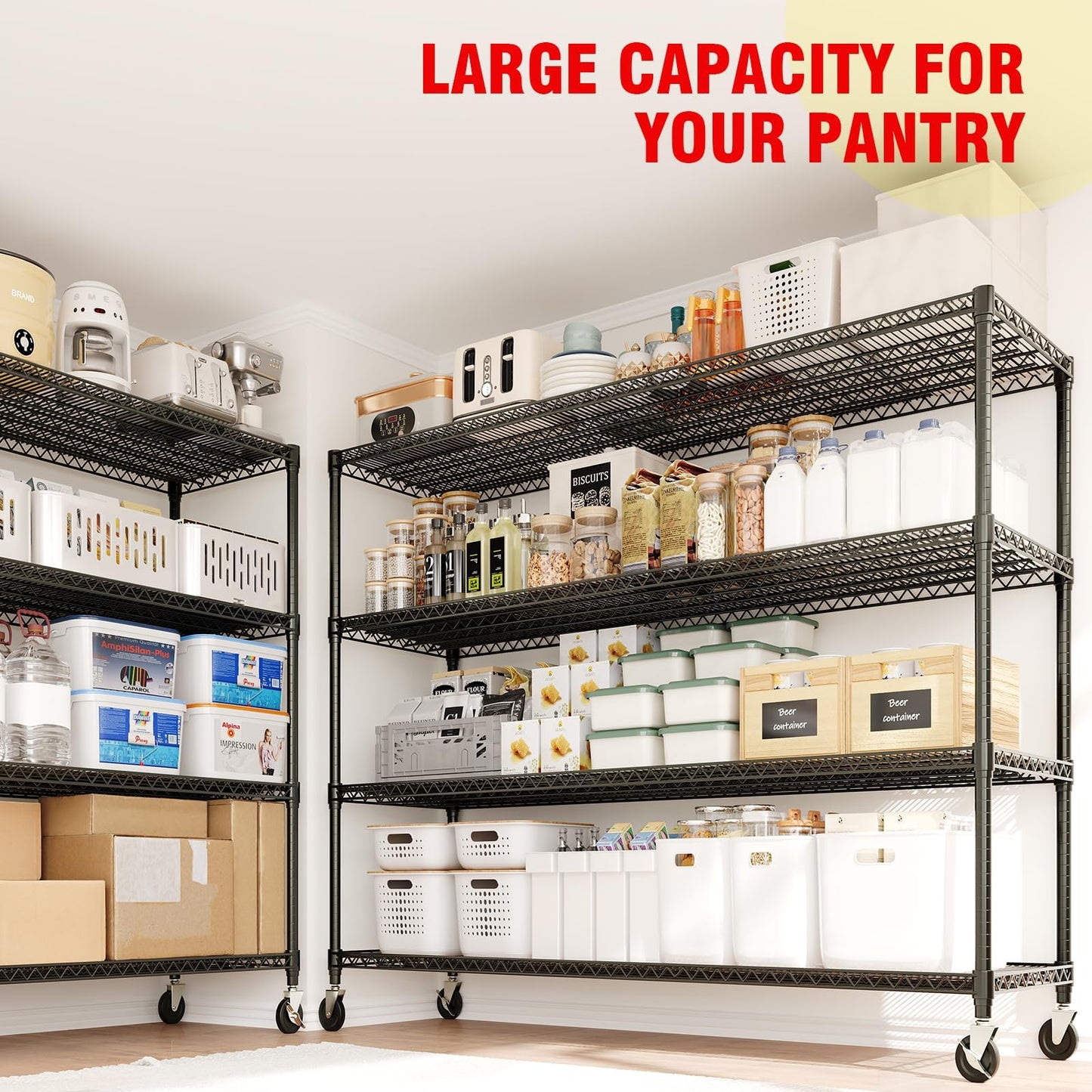 59" W Storage Shelves 2640LBS Heavy Duty Garage Shelving Units with Wheels and Adjustable Shelf, 4-Tiers Wire Shelving Rack for Garage Pantry Kitchen Warehouse Industrial