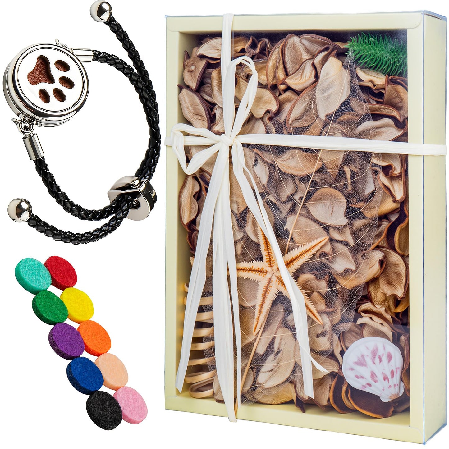 Potpourri Bag & Essential Oil Bracelet Set, Vanilla Scented Potpourri Bowl Fillers, Home Decor + Aroma Diffuser Stainless Bracelet, Fragrance Gifts for Women, Mom, Aunt, Grandma, Wife, Friend -Brown