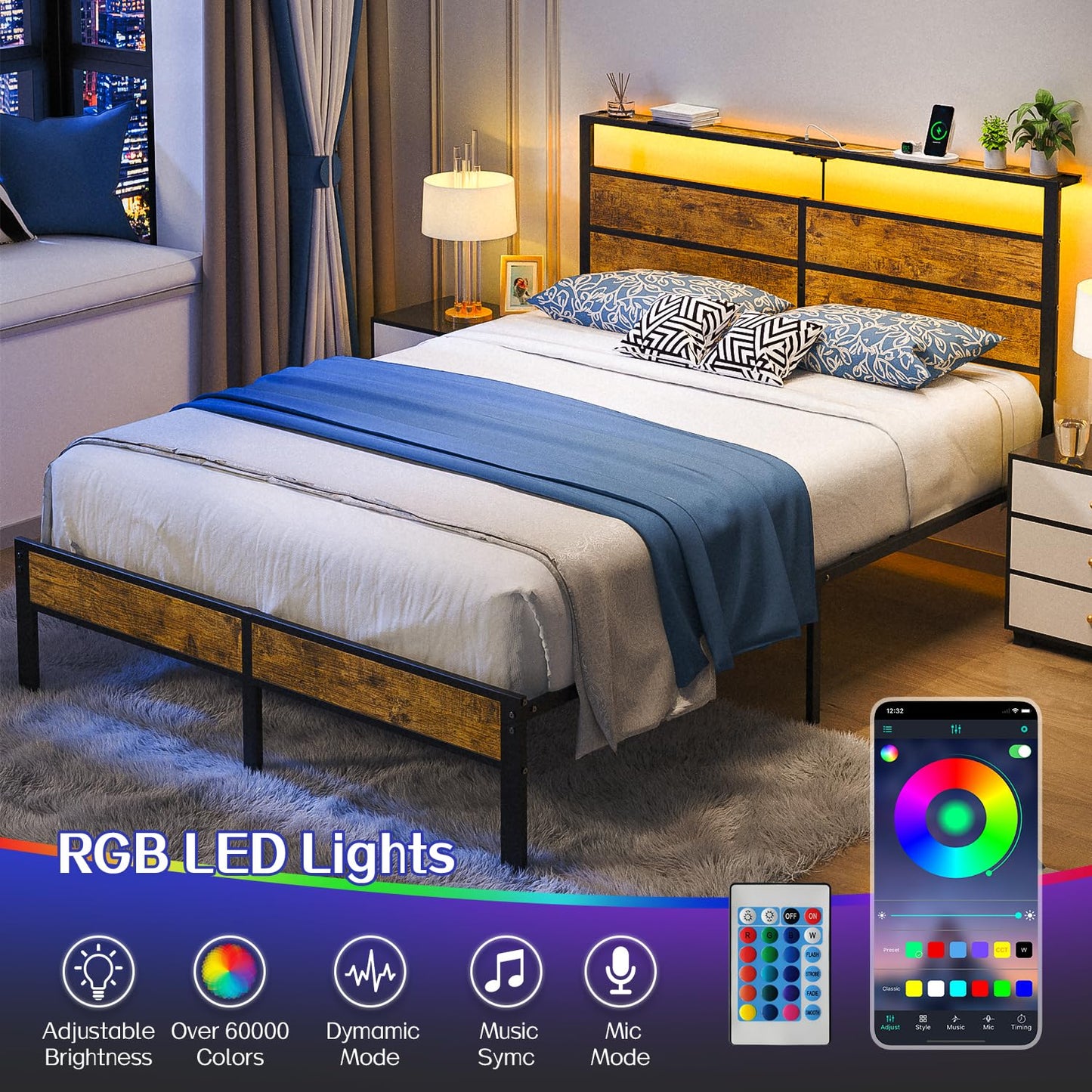 Liians Queen Size Bed Frame, Queen Bed with Charging Station Headboard and LED Lights, Platform Bed with Metal Slats, No Box Spring Needed