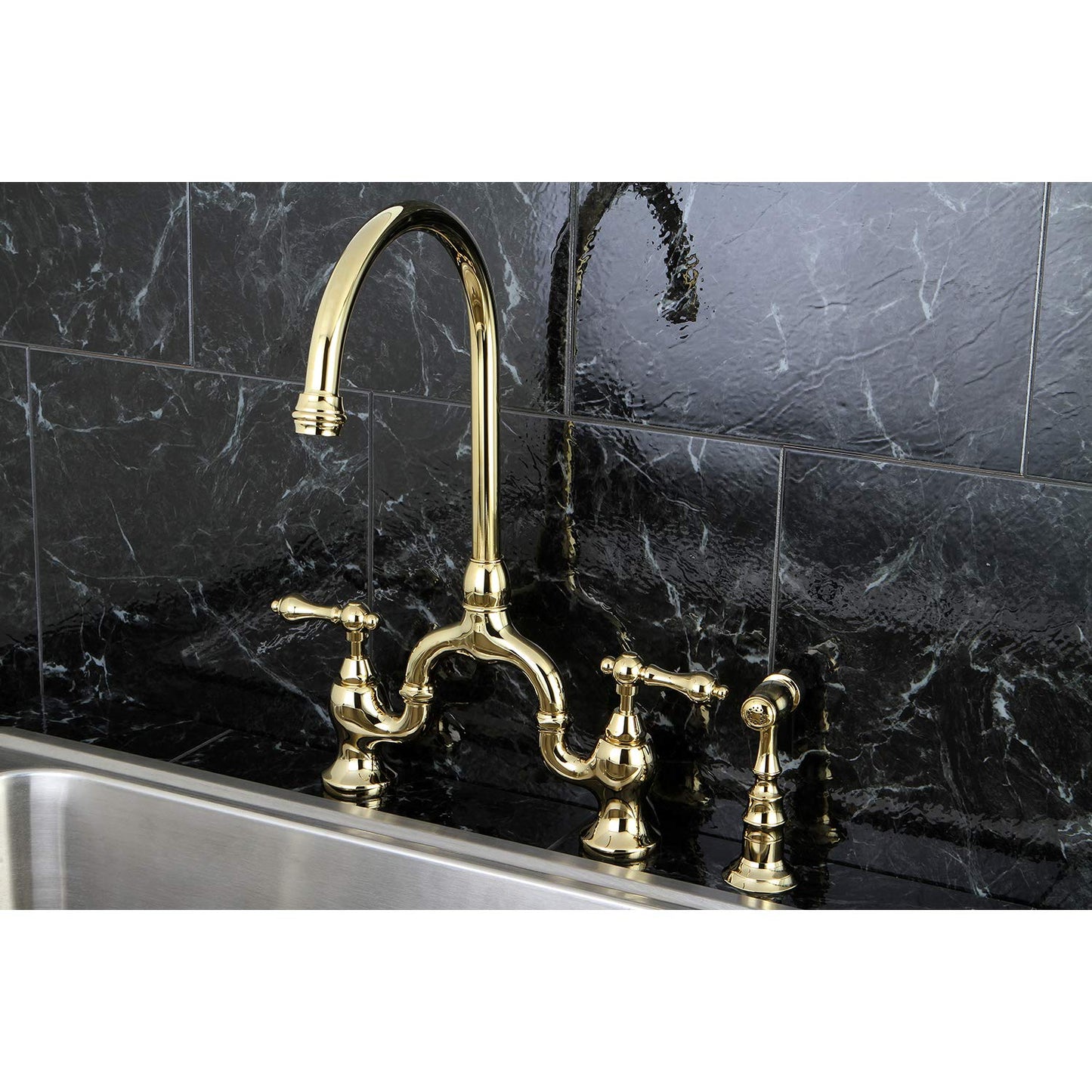Kingston Brass KS7792ALBS English Country Bridge Kitchen Faucet, Polished Brass, 13.5 x 7.75 x 16.81
