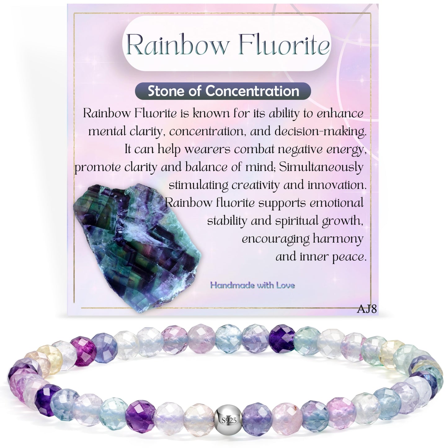 Farfume Rainbow Fluorite - Concentration - Beaded Bracelets for Women,Handmade Natural Stone 4mm Beads 925 Sterling Silver Stretch Bracelets, Chakra Crystal Gemstone Jewelry Gifts for Mom