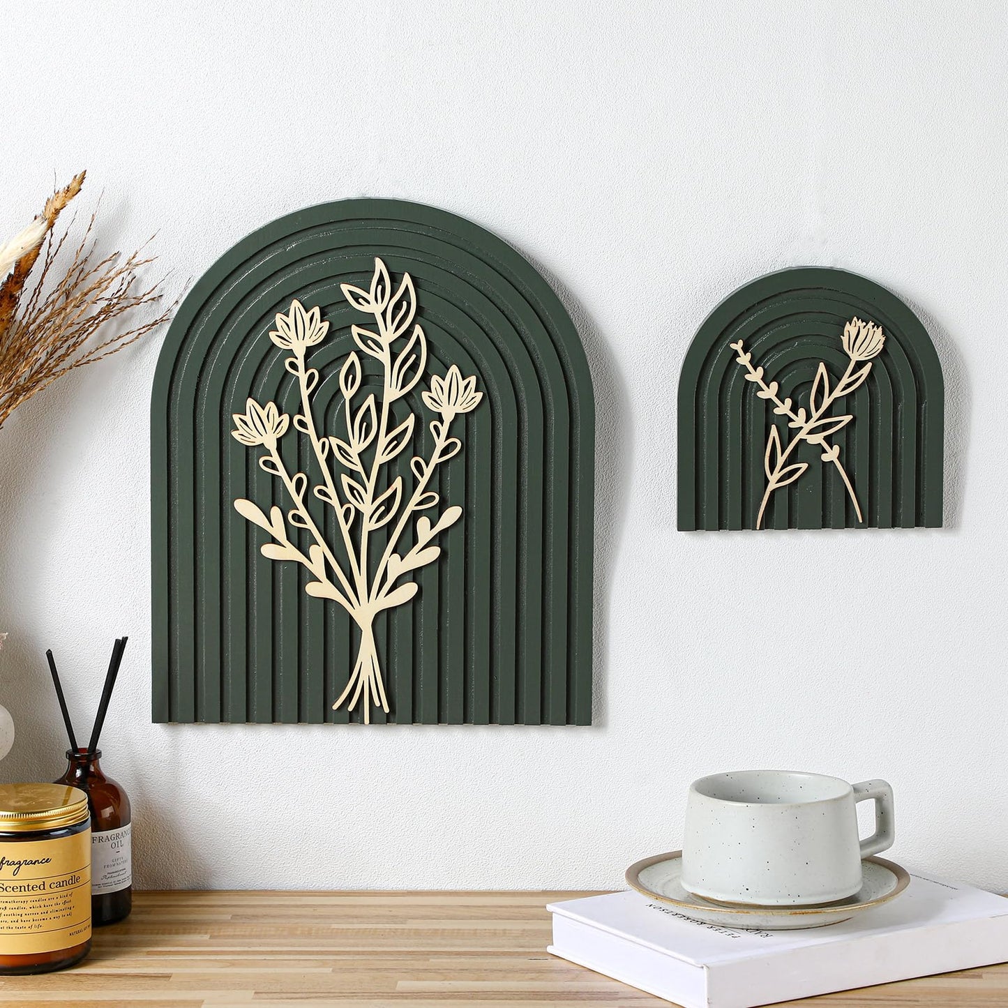 Cinnvoice Set of 2 Wood Rainbow Arches Boho Decor Boho Rainbow Arch Rustic Farmhouse Art for Shelves Farmhouse Wall Decor Floral Mid Century Home Wall Art for Living Room Kitchen Bedroom(Green,Gold)