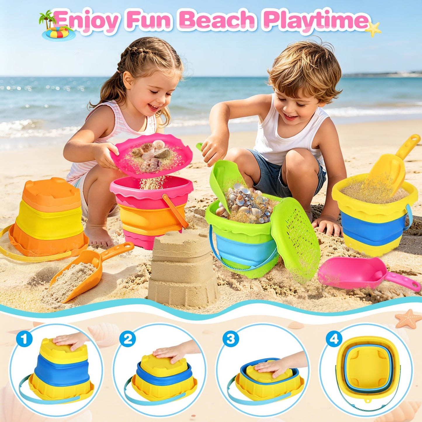 OCHIDO 4 Pack Collapsible Beach Toys for Kids Toddlers, Sand Toys with 4 Collapsible Beach Bucket with Sifter, 4 Beach Shovel and Storage Mesh Bag, Travel Sandbox Toys Beach Essentials for Age 3-10
