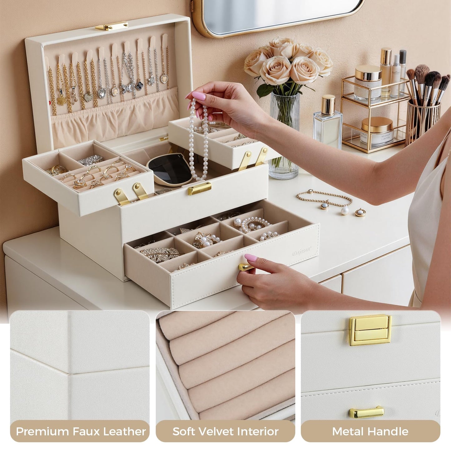 Dajasan Jewelry Organizer Box, Large Jewelry Boxes for Women Girls, Space-Saving 3 Layers Jewelry Storage Case with Drawer, Movable Metal Stand, Modern, Gift Idea (Cloud White + Gold)