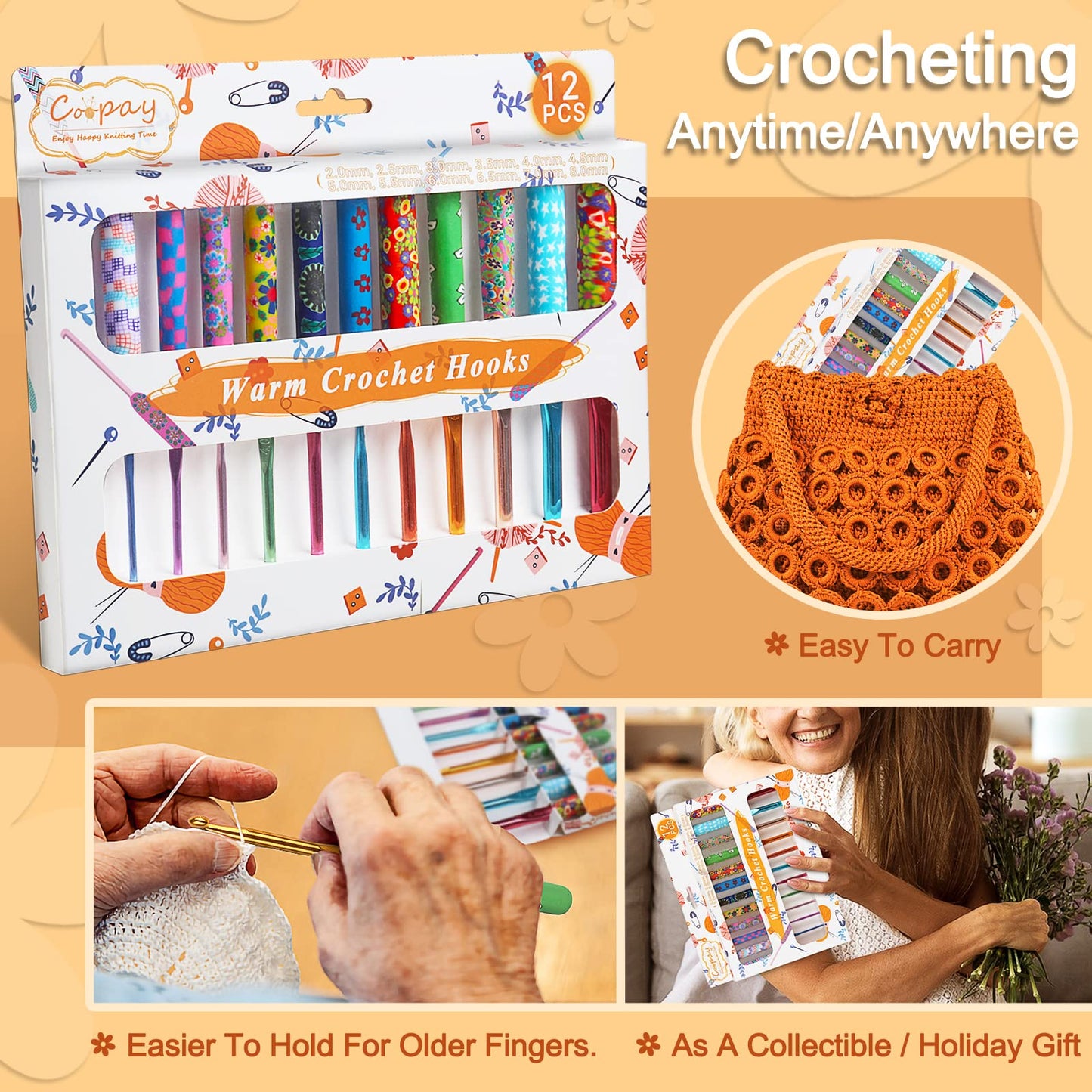 Coopay Warm Crochet Hooks Plus for Crochet Gifts, 12PCS 2mm-8mm(B-L) Crochet Kit Crochet Hook Set Ergonomic Grip Crochet Needles for Crocheting Art Yarn Craft,Precious Knitting & Crochet Supplies
