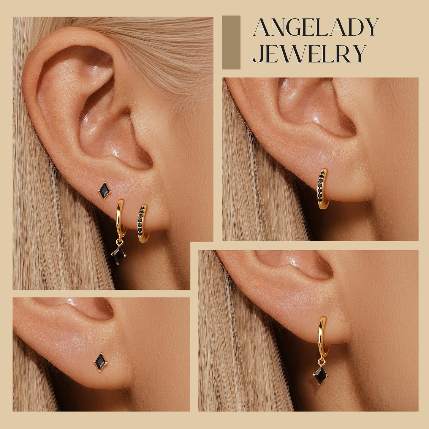 Gold Hoop Earrings Set for Women, Dainty 14K Gold Plated Black Earrings, Hypoallergenic Trendy Small Earring Stacks Multiple Piercing, Huggies Black Dangle Earring Jewelry for Women