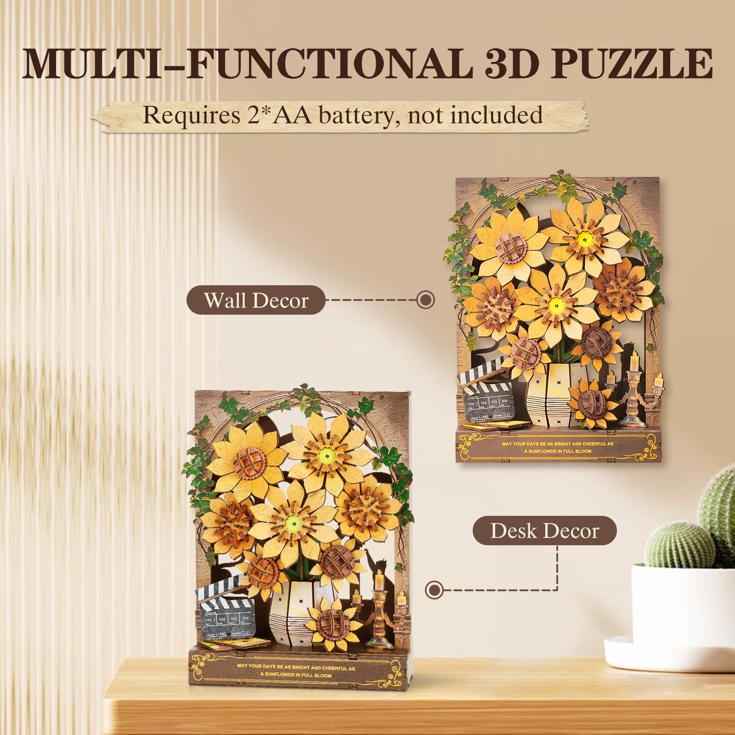 Cutywood 3D Wooden Puzzles for Adults - Sunflower 3D Art Wall Decor with LED Light, DIY Wooden Flowers Model Kit Building Set Crafts for Adults to Build Ideal Creative Gift for DIY Lovers