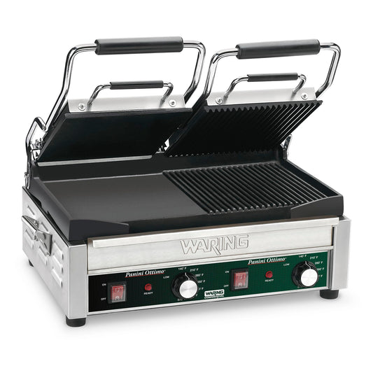 Waring Commercial Dual Grill Half Panini and Half Flat Grill 240V (17" x 9.25" cooking surface)