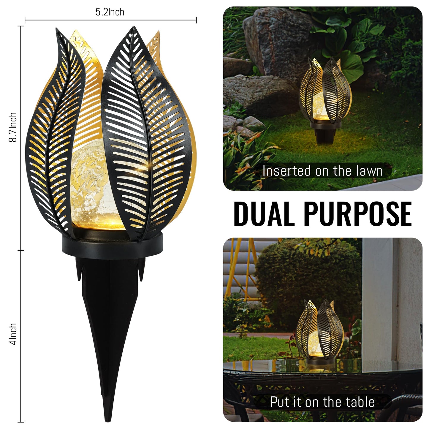 QZGE Solar Garden Lights Waterproof Decorations,Crackle Globe Glass,Metal Palm Leaf Solar Lights for Outdoor Decor On Garden,Patio,Yard,Front Porch,Tabletop Lamp-Perfect Gifts