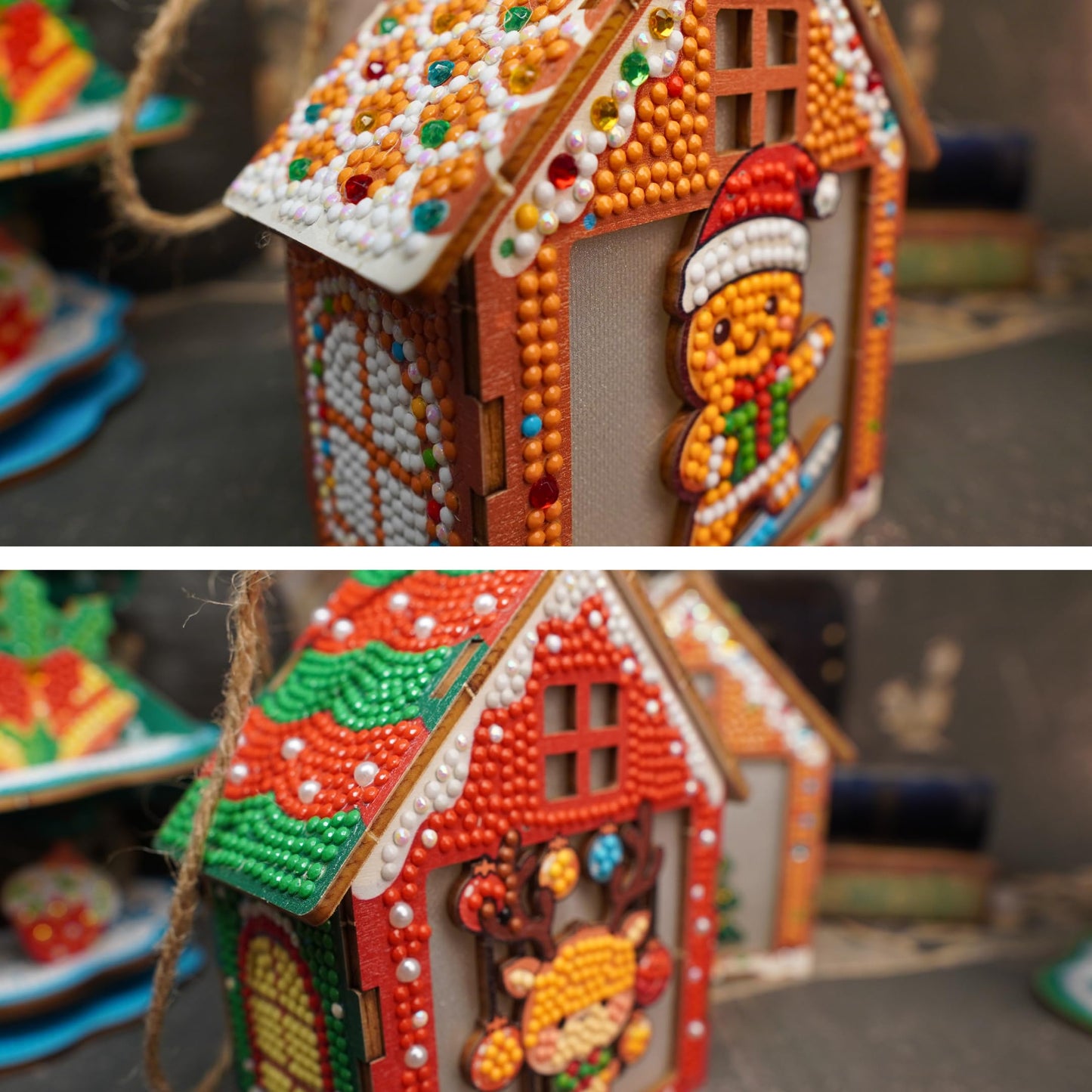 Party Ready LED Light-Up Diamond Painting Christmas Houses – DIY Rhinestone Mosaic Wooden Ornament Set, Holiday Tabletop Decor, Kids Craft Kit (Four Ornament Set)