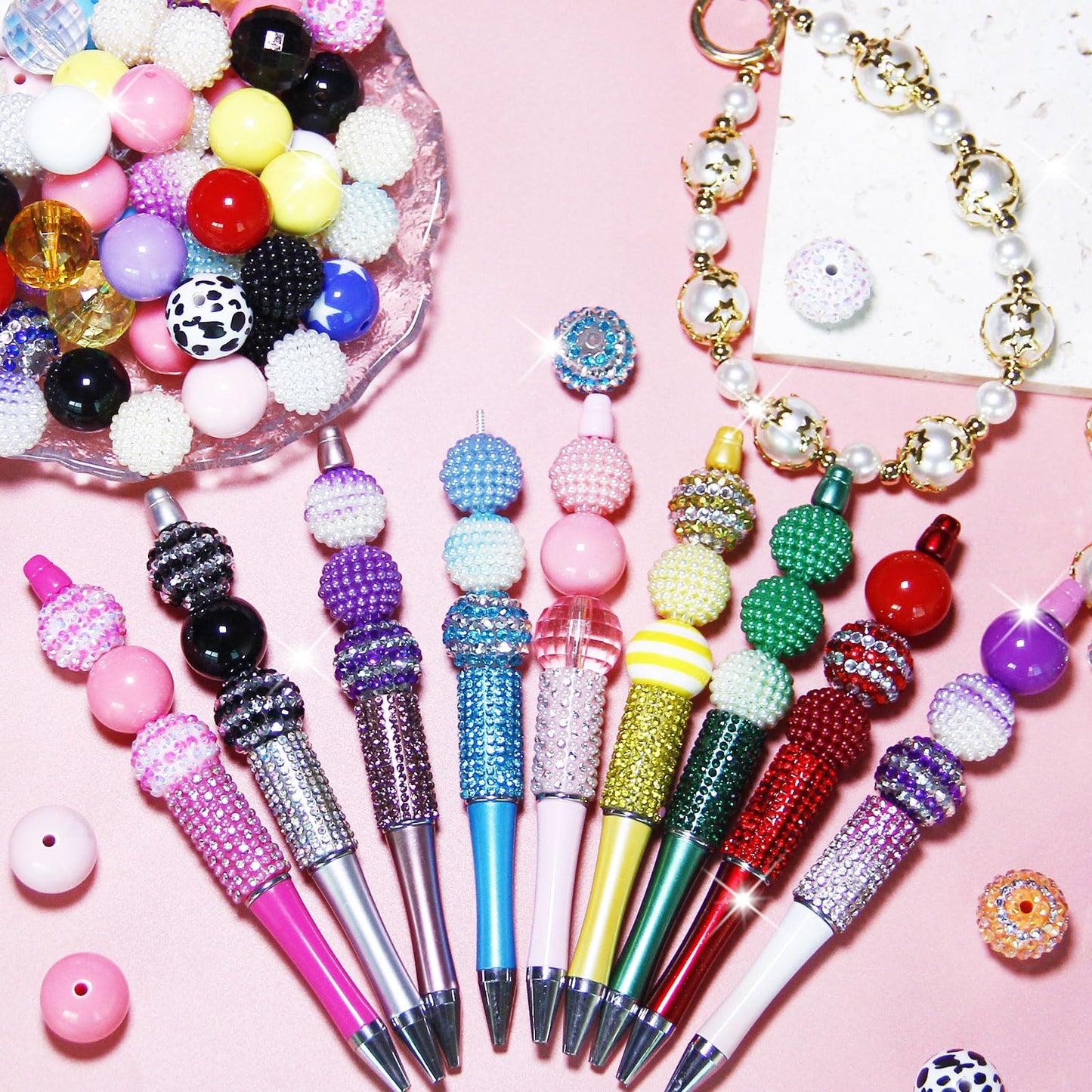 100Pcs 20mm Beads for Pens Making Rhinestone Beads Mixed Acrylic Bubblegum Bead Crystal Round Sparkly Chunky Bead for Pens Beadable Bracelet Necklace Keychain DIY Craft Jewelry Making Supplies