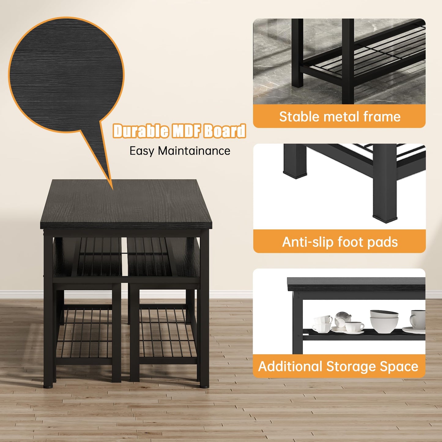 Lamerge 3-Piece Dining Table Set, Industrial Kitchen Table and Chairs Set for 4, Dining Table and 2 Benches with Storage Shelf, Dining Table Set for Dining Room Kitchen, Black