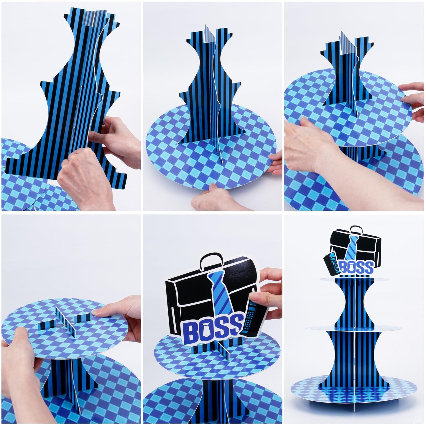HAPPARTY Blue Black BOSS Theme 3-Tier Cupcake Stand 1PCS with 16PCS Cupcake Toppers, for Little Gentleman 1st 2nd Birthday Baby Shower Table Centerpiece Decorations