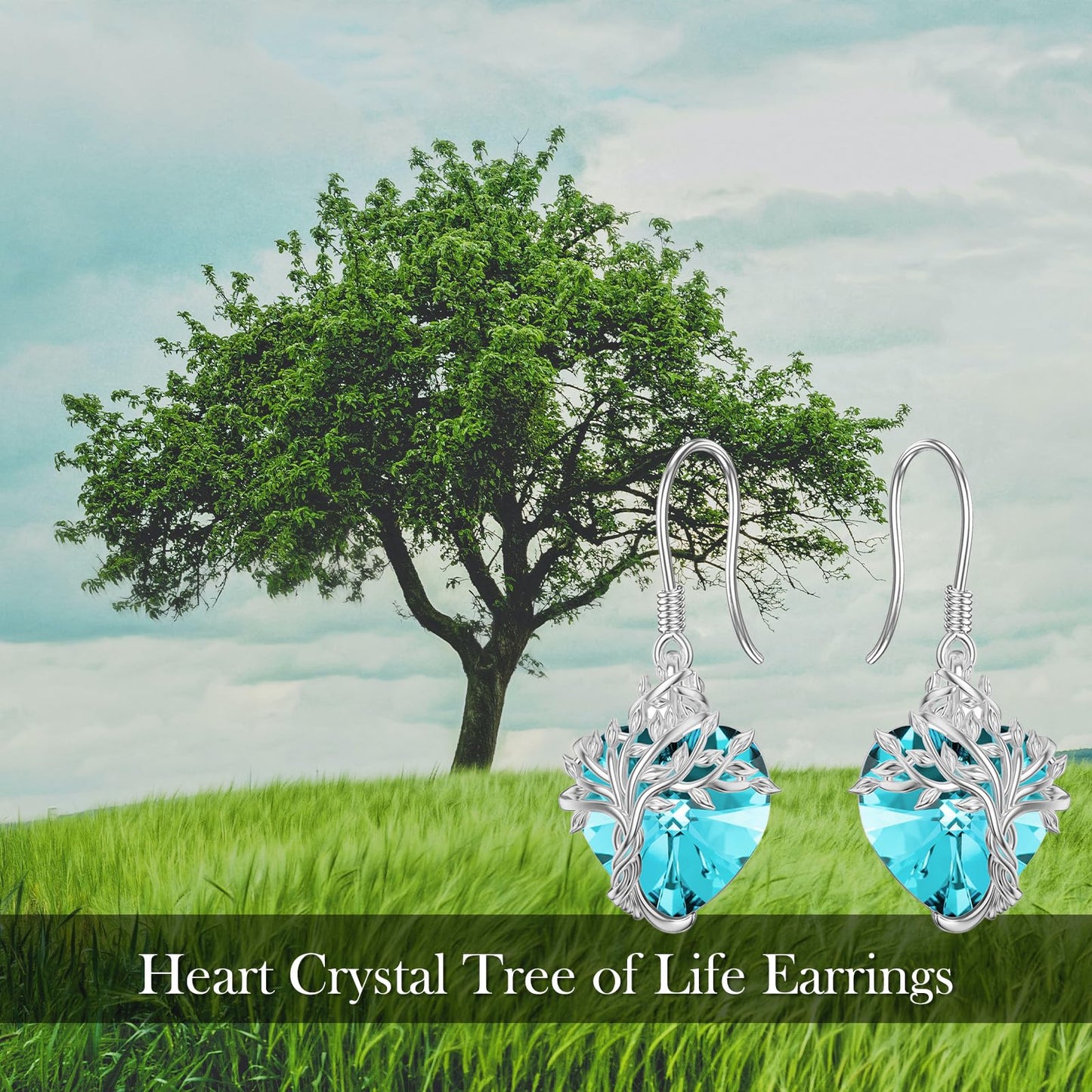 TOUPOP Heart Aquamarine March Birthstone Earrings Sterling Silver Tree of Life Earrings Blue Crystal Jewelry Birthday Mothers Day Gifts for Women Mom Her