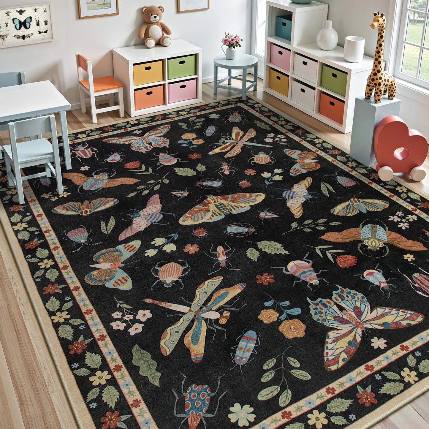 Beeiva Insect Print Rug 8x10, Washable Throw Rugs for Bedroom Under Bed, Boho Non Slip Low Pile Ultra Thin Foldable Large Carpet for Kids Room Playroom Living Room Decor(Black,8x10ft)