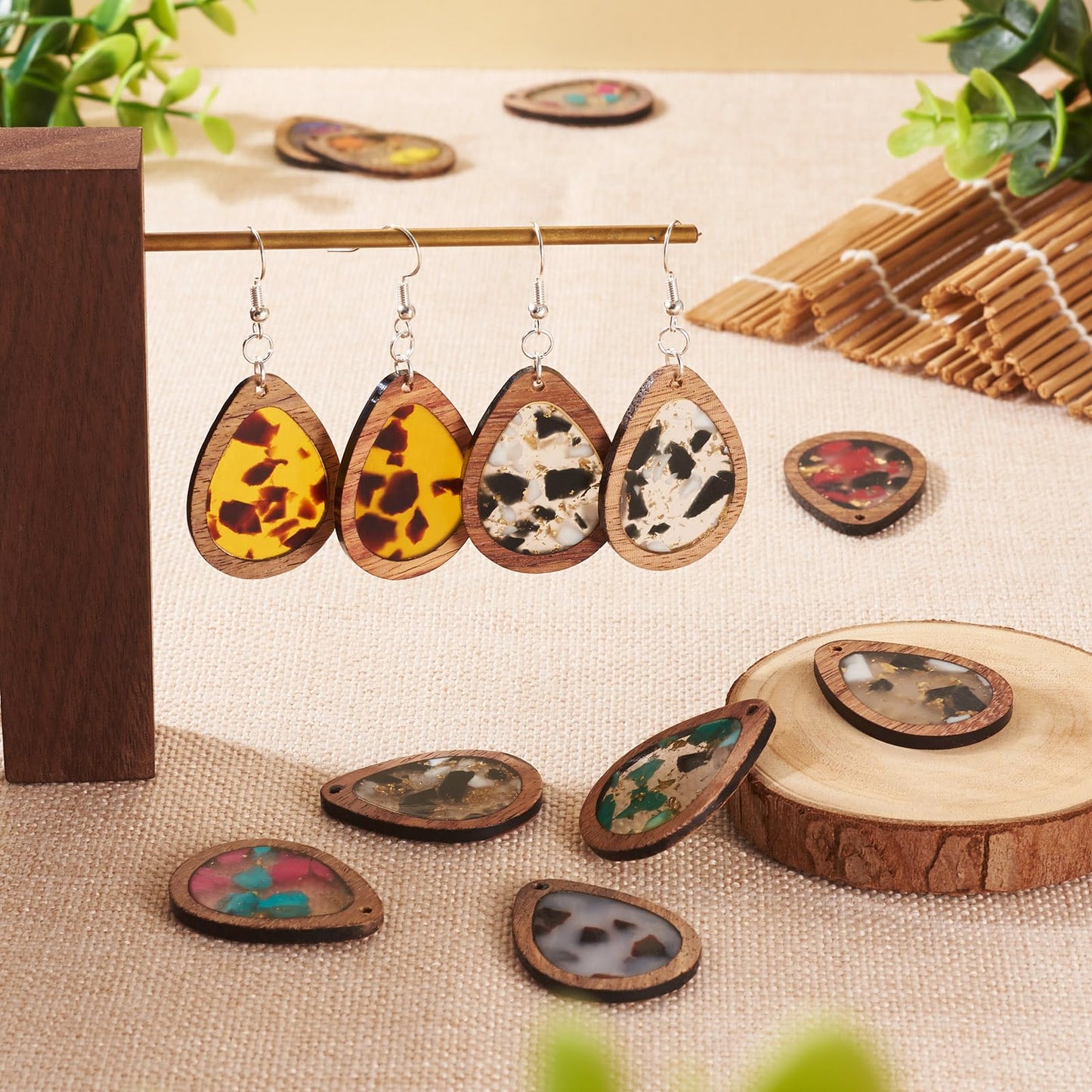 Boutigem 56Pcs Wood Dangle Earring Charm Kit with Teardrop Resin Wood Pendants Earring Hooks Jump Rings for DIY Women Jewelry Making Necklace Keychain Decor