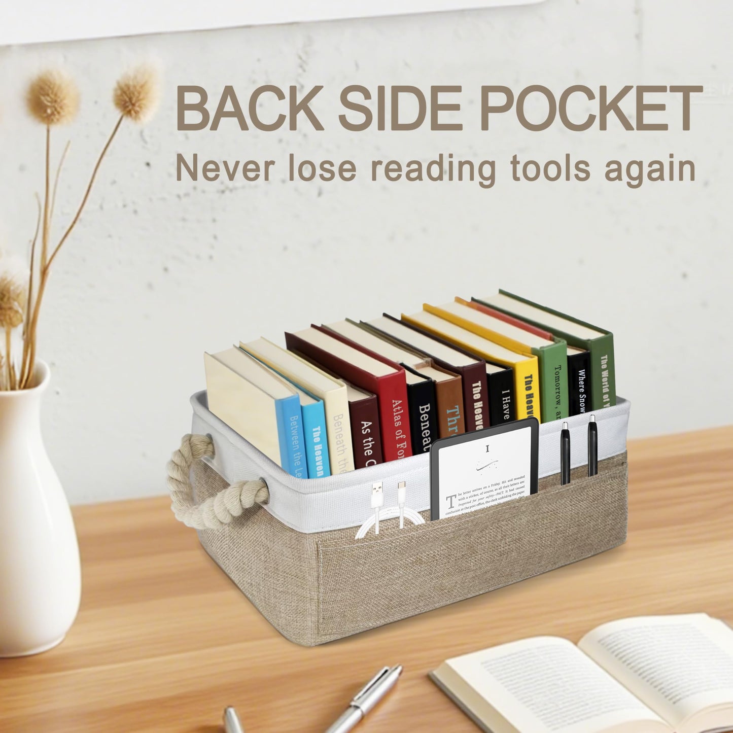 PerYoLyf Book Lovers Gifts TBR Book Storage Basket with Back Side Pocket to Be Read List Storage Bin Reading Accessories for Club Members & Librarians Bookish Gifts (White and Brown)