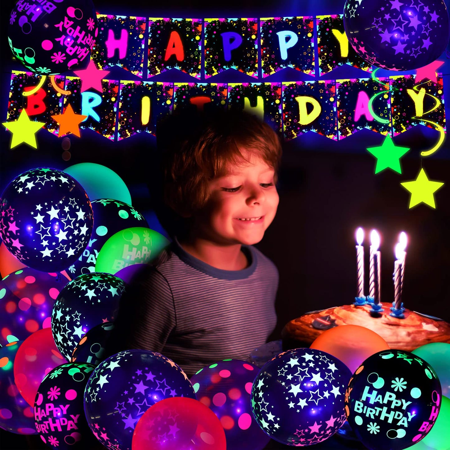 Jetec 71 Pcs Neon Birthday Party Supplies Decorations Include Clear Glow in The Dark Balloons, UV Neon Balloons, Star Hanging Swirls, Rave Theme Birthday Decor Banner Accessories Supplies