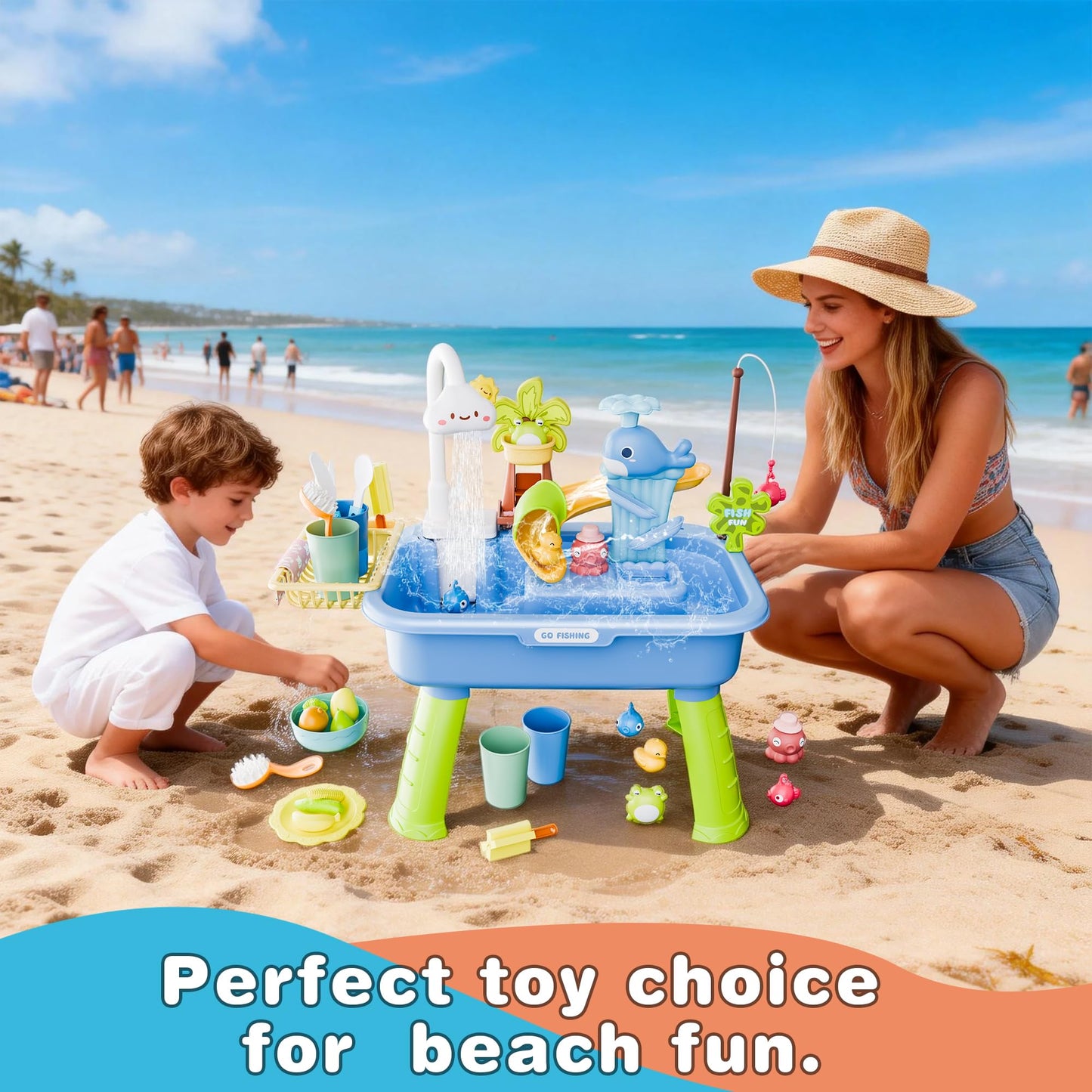 Cosminy 2026 Upgraded Water Table for Toddlers 3+, Water Table for Kids Ages 4-8 with Pump, Play Sink with Running Water, Kitchen Sink for Toddlers, Fishing Game and Outside Sensory Toys (Blue)