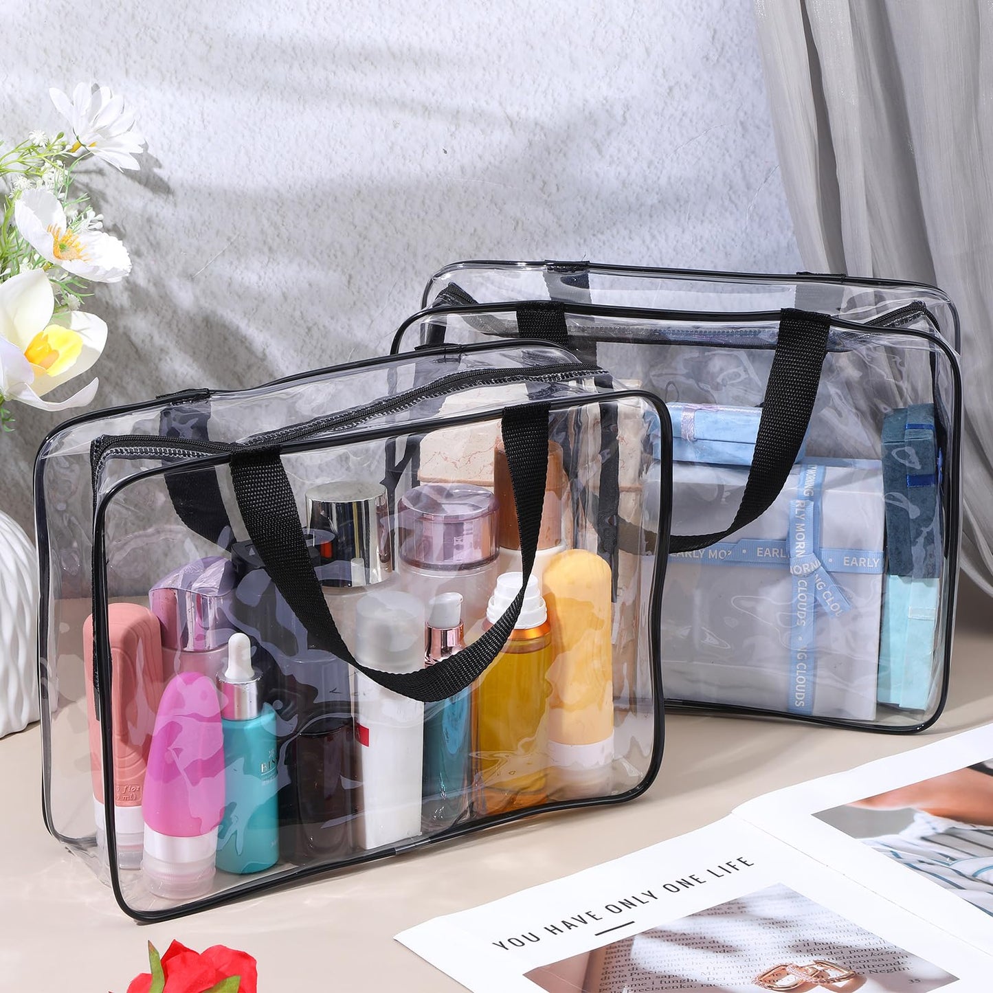 10 Pcs Large Clear PVC Storage Bags with Zipper and Handle, Waterproof Reusable Travel Organizer for Makeup, Toiletries, Toys and Board Games