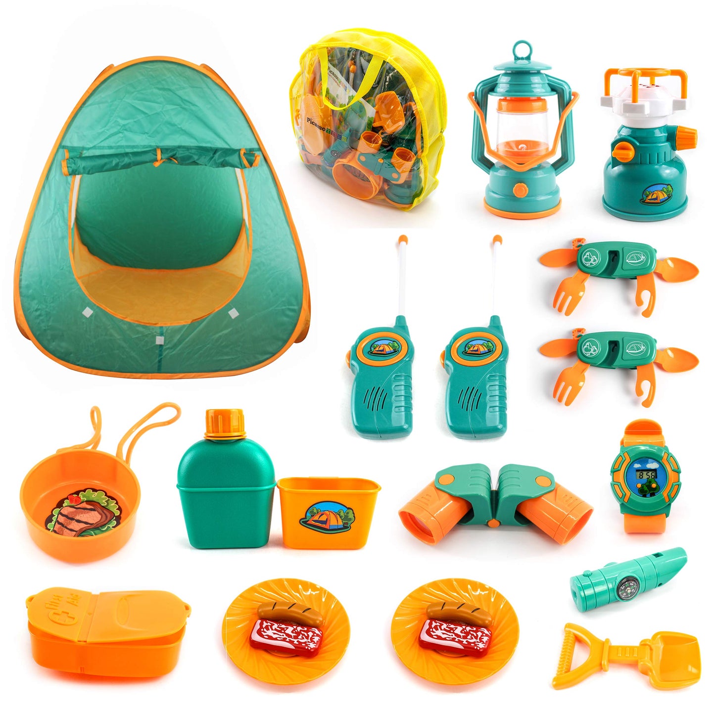 PicassoTiles PTC20 20 Piece Camping Gear Tools Adventure Set Including Walkie Talkie, Camping Tent, Binoculars, Watch, Compass & Whistle, Stove, and Other Camp Tools