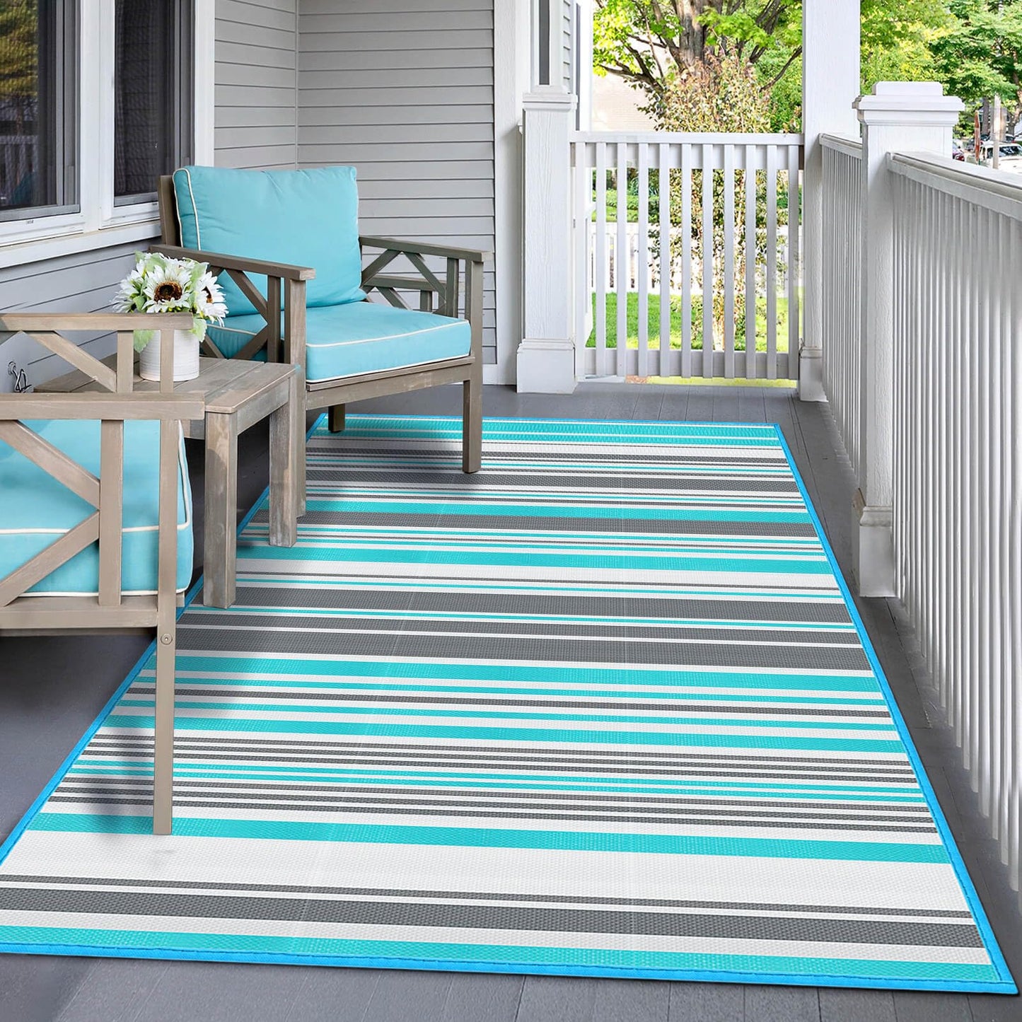 Outdoor Patio Plastic Rug Waterproof - Outdoor Rugs for Camper Outside, Rv, Porch Deck Rug Clearance, Area Carpet for Outside, Balcony, Patio Decor, Blue & Grey, 5x8 ft