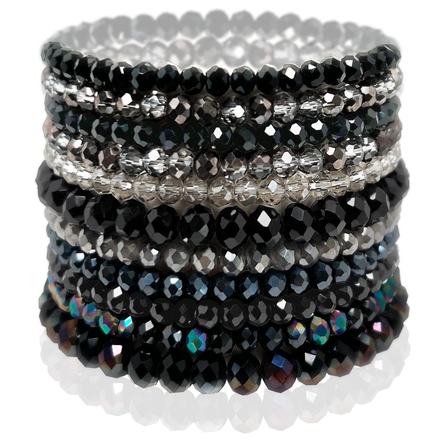 CATCHY & CRAFTY Bracelet Crystal Stretch Stackable Layering Colorful Statement Bracelets Women Glass Beaded Boho Friendship Handmade Bridal Gift (Black Diamond)