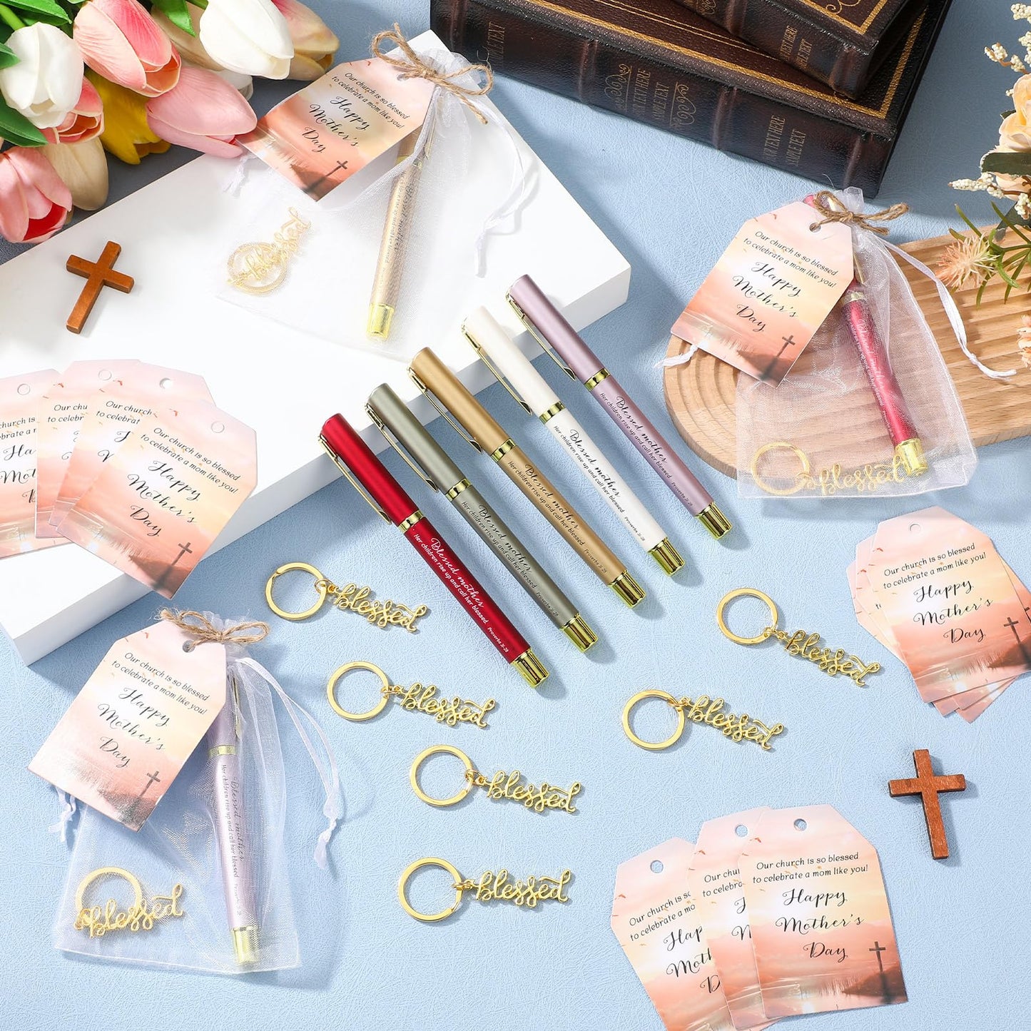 Spakon 100 Sets Church Gift Bulk for Mothers Day Blessed Bible Verse Ballpoint Pens Blessed Keychain Christian Cross Happy Mother's Day Tag for Godmother