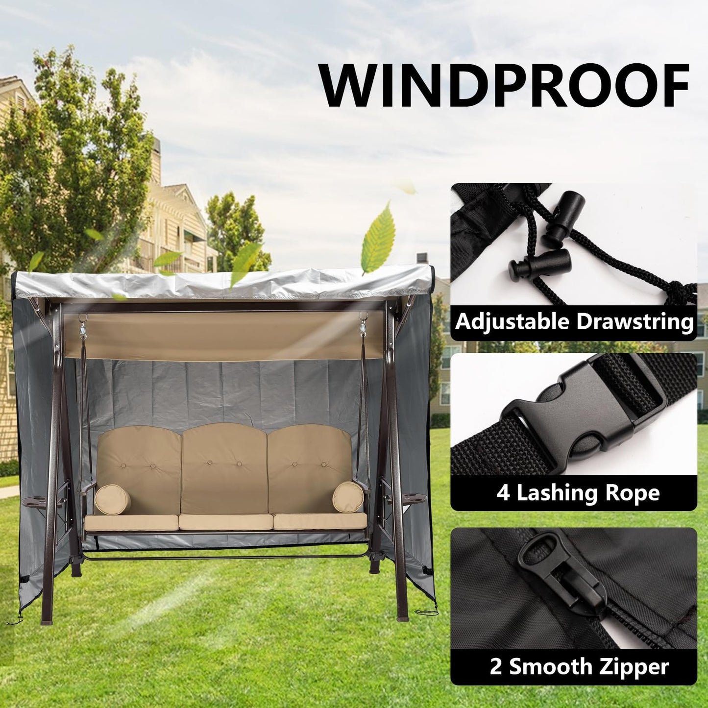 WEIMELL Waterproof Outdoor Swing Cover 3 Triple Seater Garden Patio Proch Swing Cover All Weather Protection 3 Seat Swing Canopy Covers Black (86L x 48D x 67H inches)