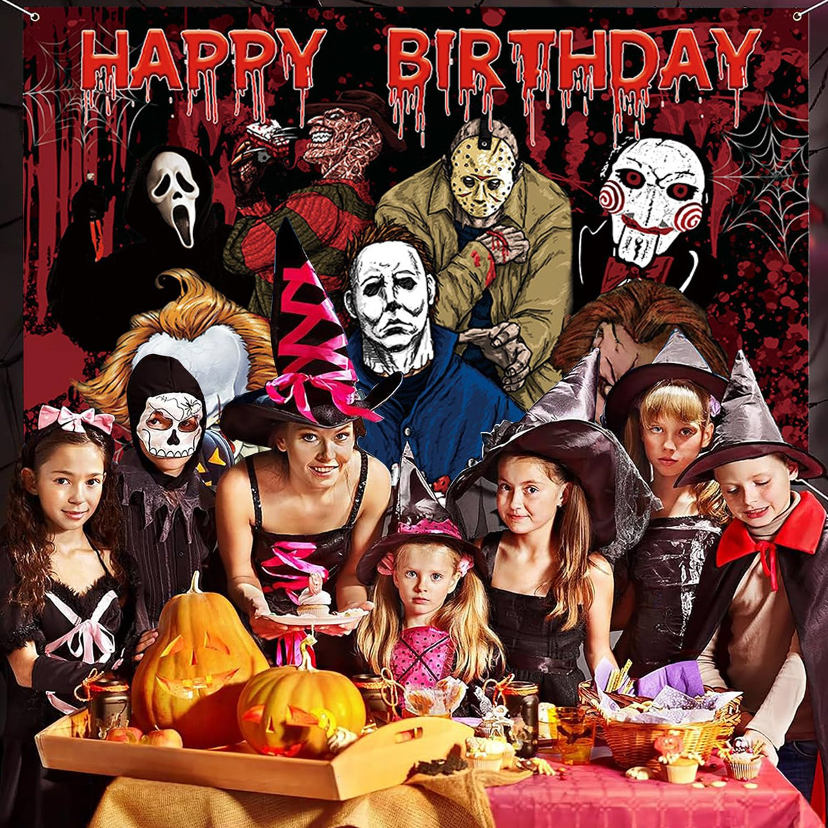 Taeku Horror Birthday Party Decorations – 50 Pcs Halloween Theme Kit with Banner, Balloons, Cake Toppers, Backdrop & Tablecloth – Scary Party Supplies for Kids & Adults