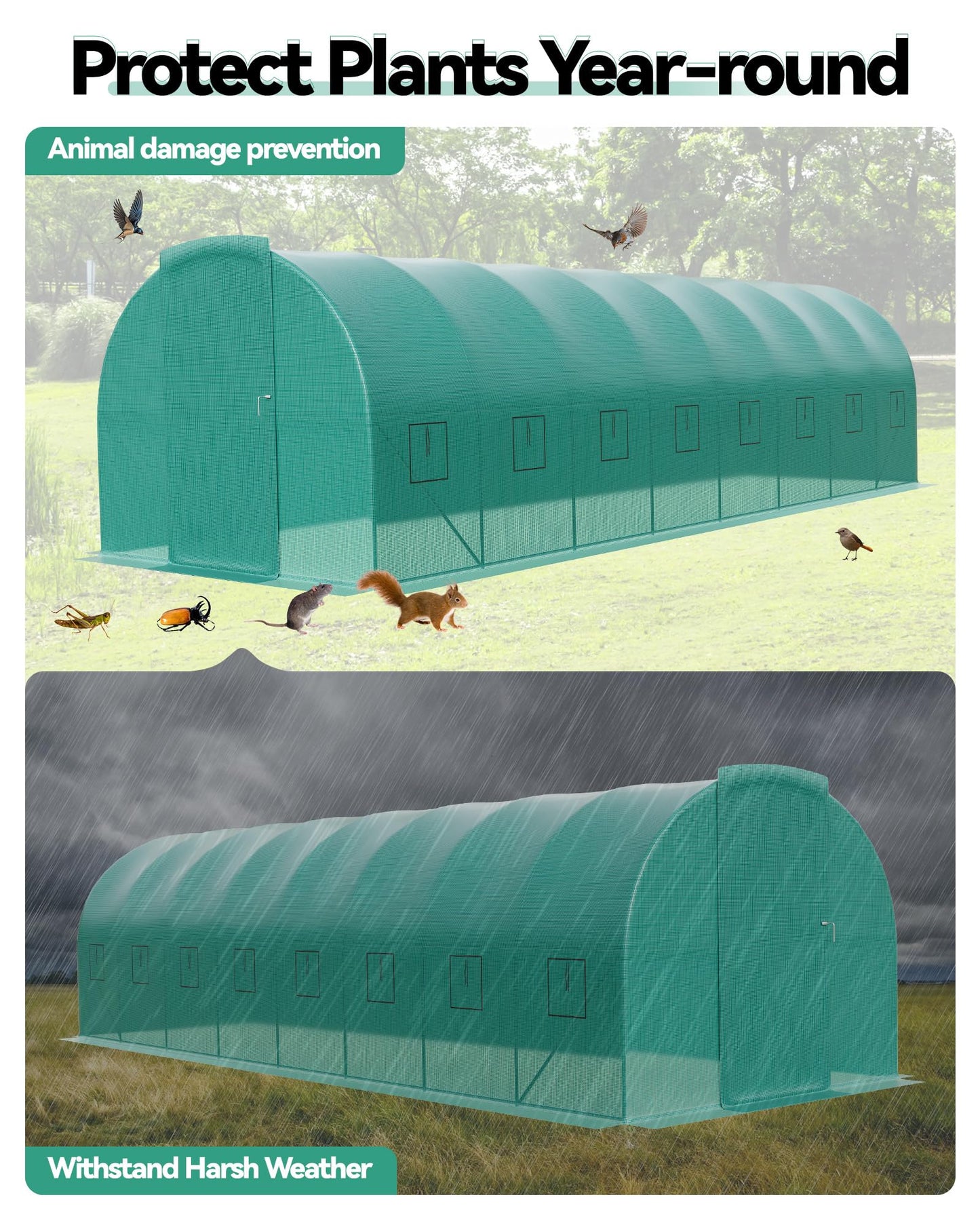 GarveeLife Walk-in Greenhouse Tunnel 28x10x7.5 ft,Galvanized Steel Tunnel Greenhouse with Doors and Windows,Garden Hot House for Home Gardening Seed Germination