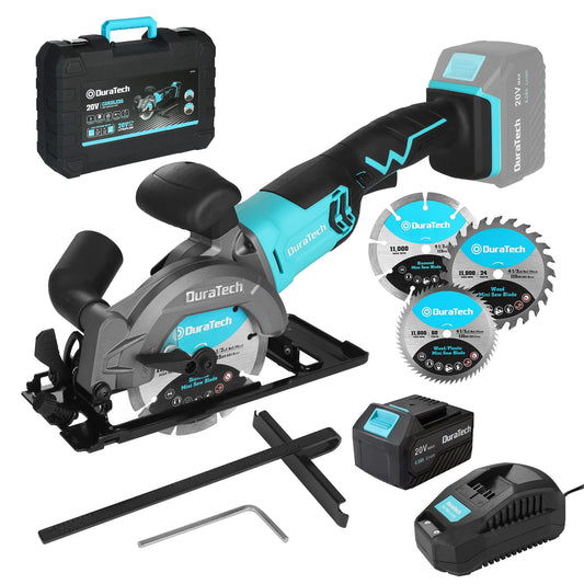 DURATECH Mini Circular Saw, 20V 4-1/2" Cordless Circular Saw with 4.0Ah Battery, Fast Charger, 3PCS Blades, 3600RPM, Max Cutting Depth 1-11/16"(90°),1-1/8"(45°), for Tiles, Wood, Soft Metal, Plastic